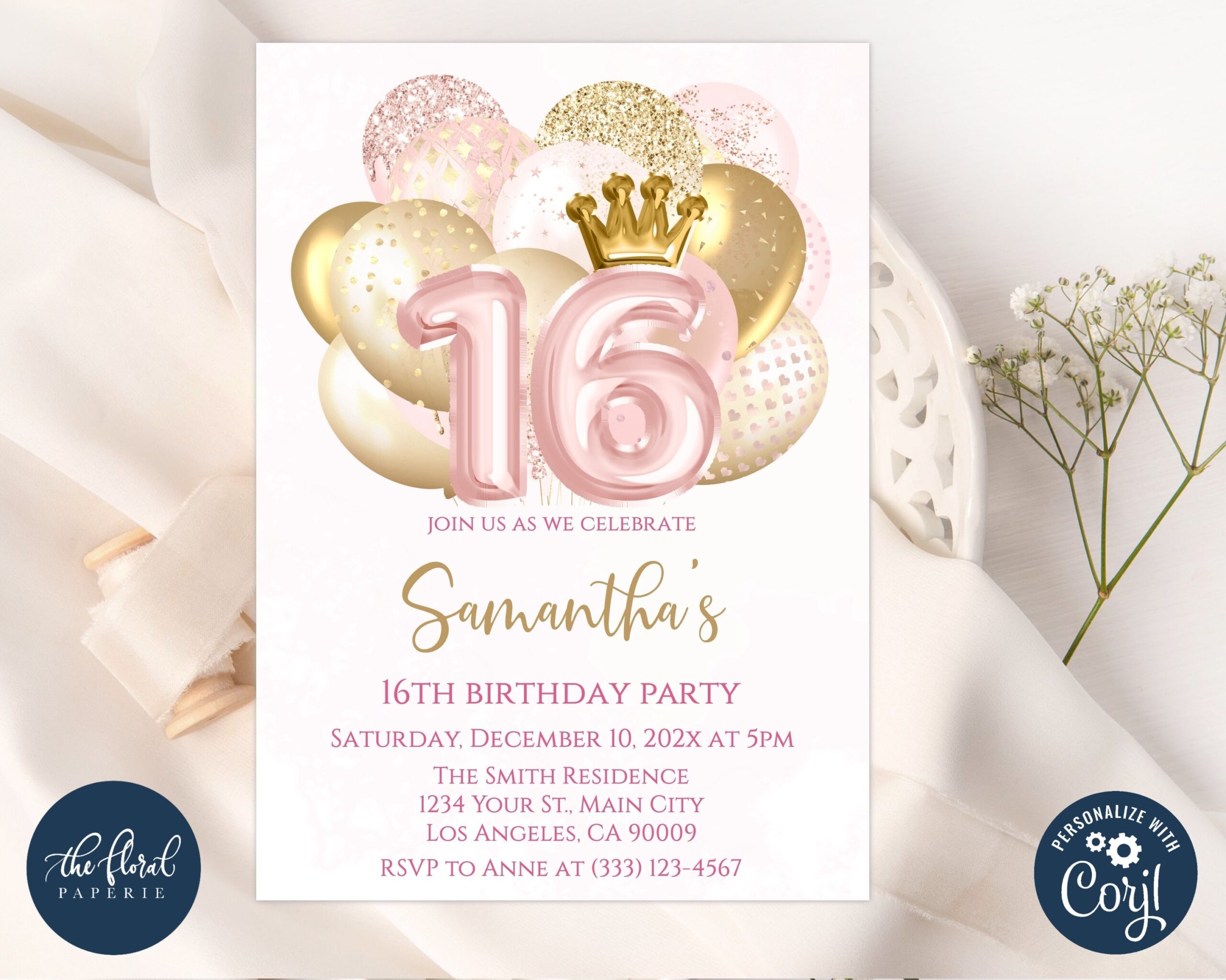 16th Birthday Invitation Template Editable Blush And Gold 
