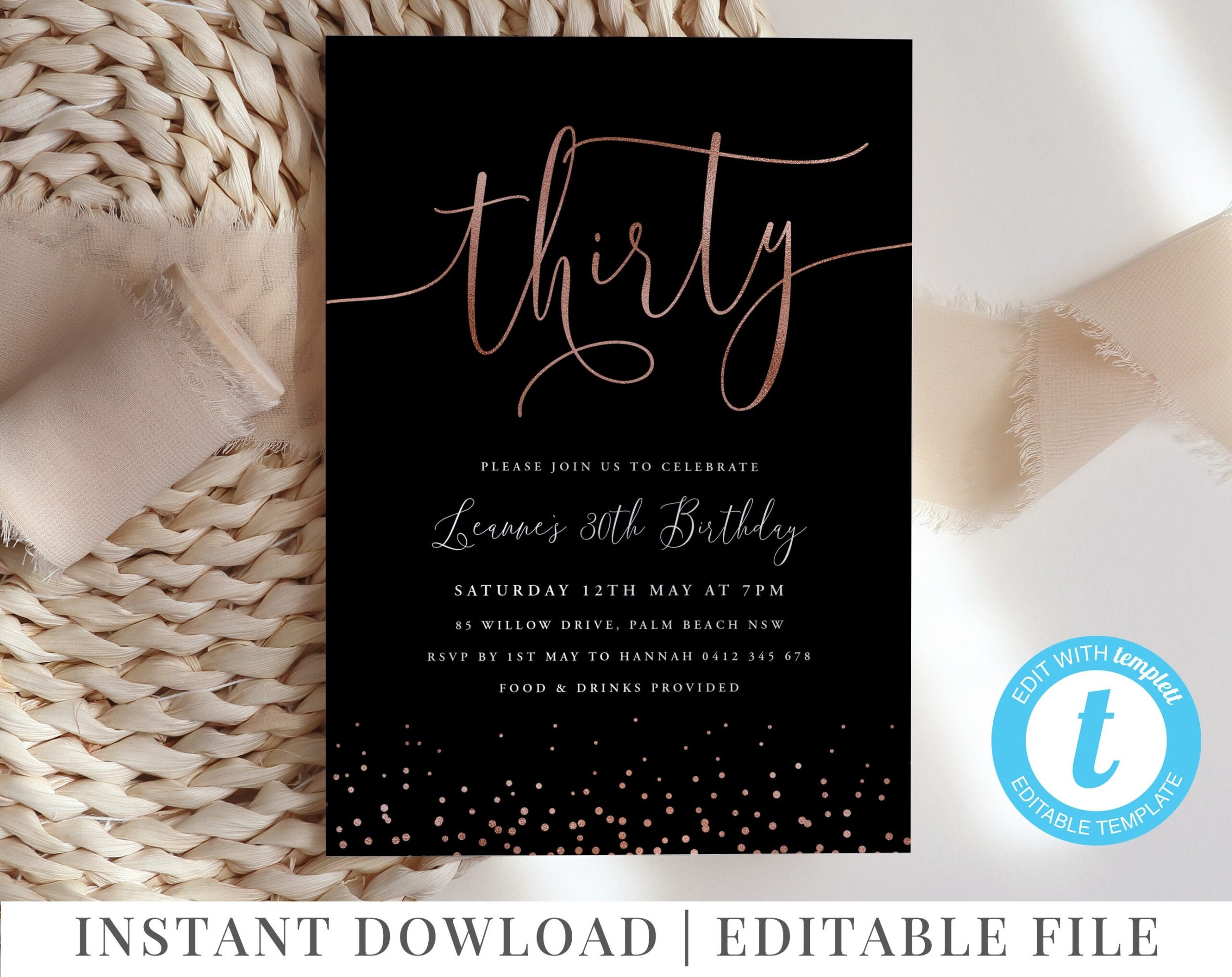 30th Birthday Invitation Rose Gold Invitation Template Editable 