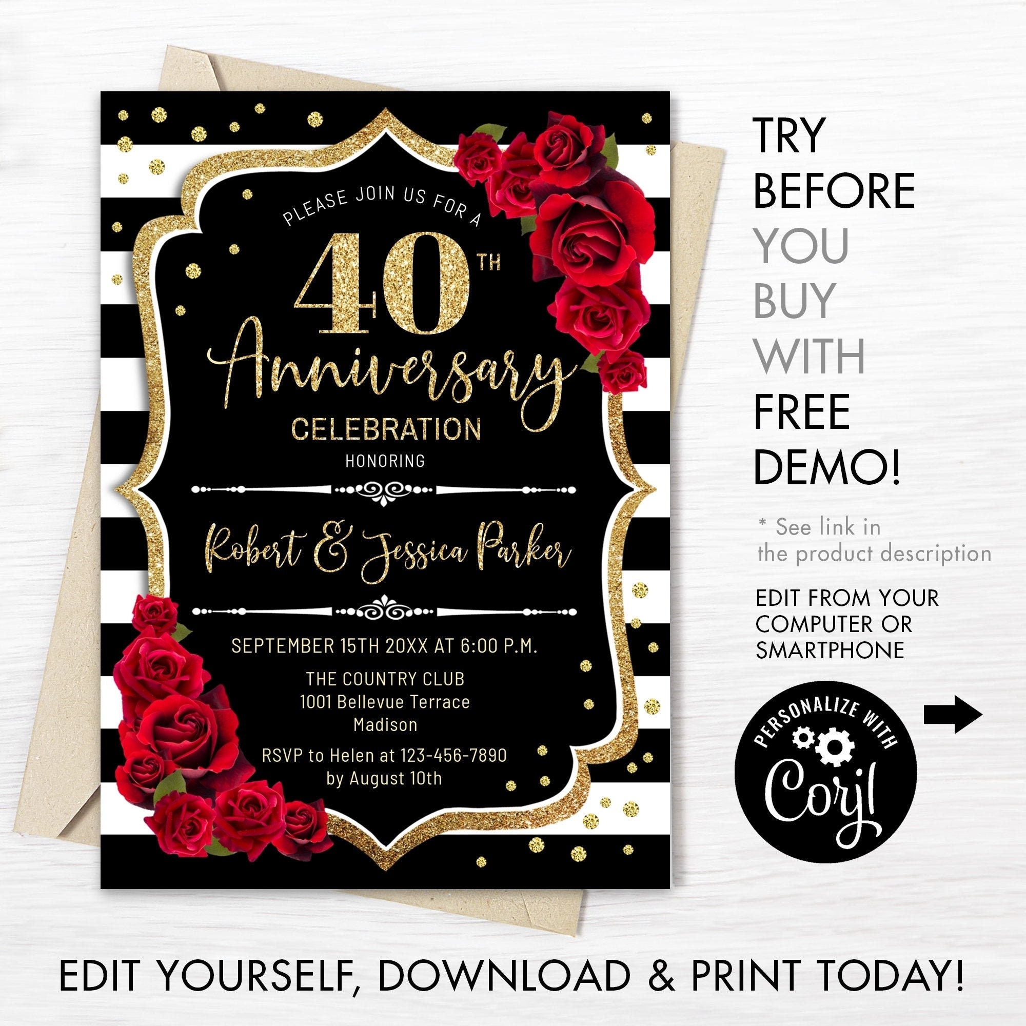 40th Wedding Anniversary Invitation INSTANT DOWNLOAD Digital Template ANY Year Black White Stripes Floral Glitter Gold Red Roses Invite Etsy