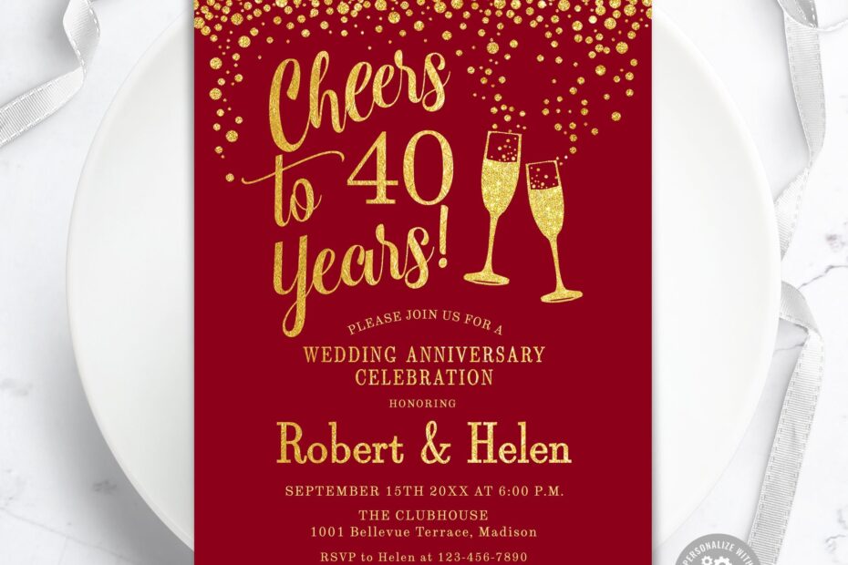 40th Wedding Anniversary Party Invitation INSTANT DOWNLOAD Editable Digital Template Any Years Of Marriage Ruby Red Gold DIY Etsy