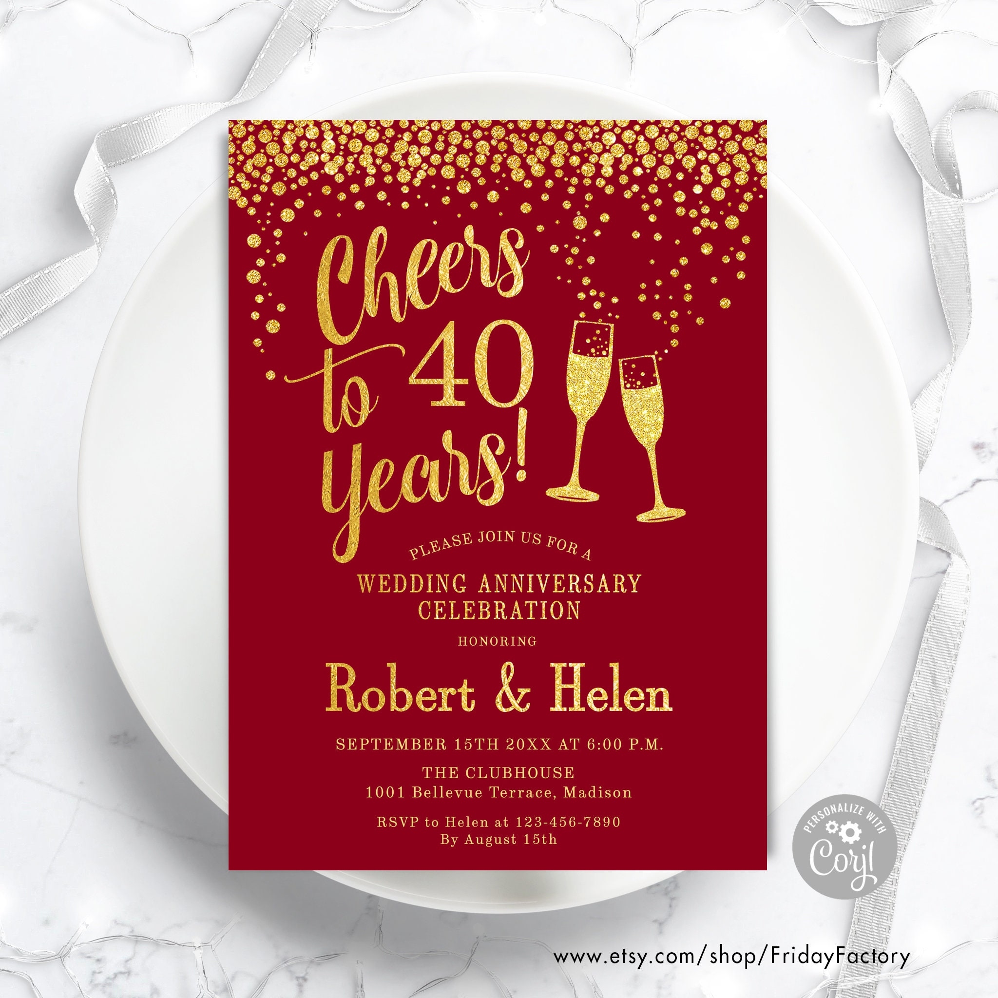 40th Wedding Anniversary Party Invitation INSTANT DOWNLOAD Editable Digital Template Any Years Of Marriage Ruby Red Gold DIY Etsy