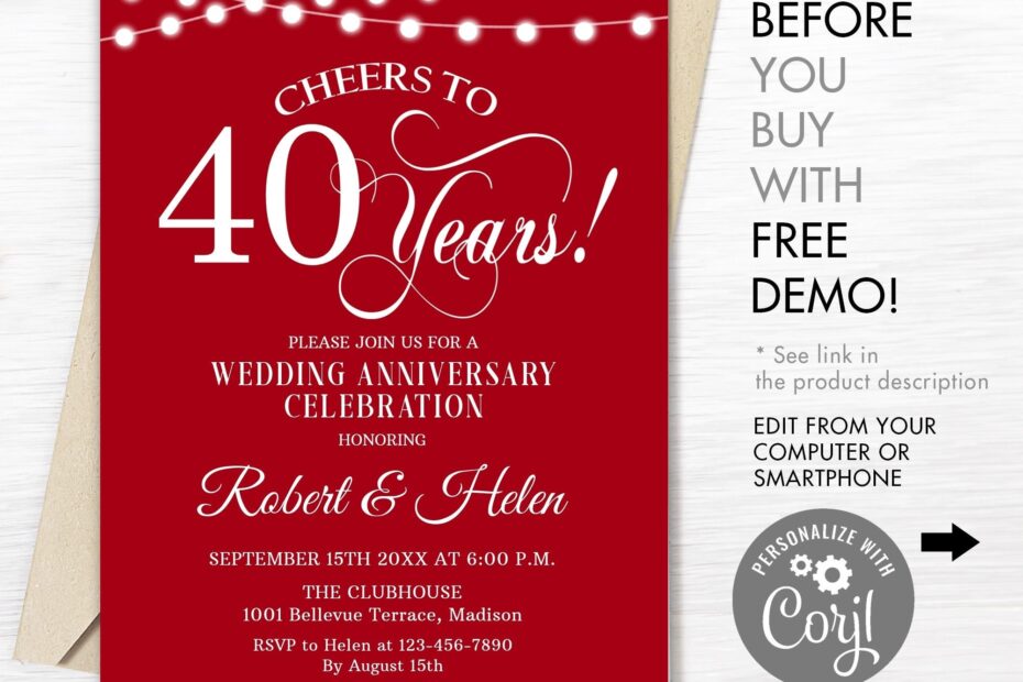 40th Wedding Anniversary Party Invitation INSTANT DOWNLOAD Editable Digital Template Any Years Of Marriage Ruby Red White DIY Etsy