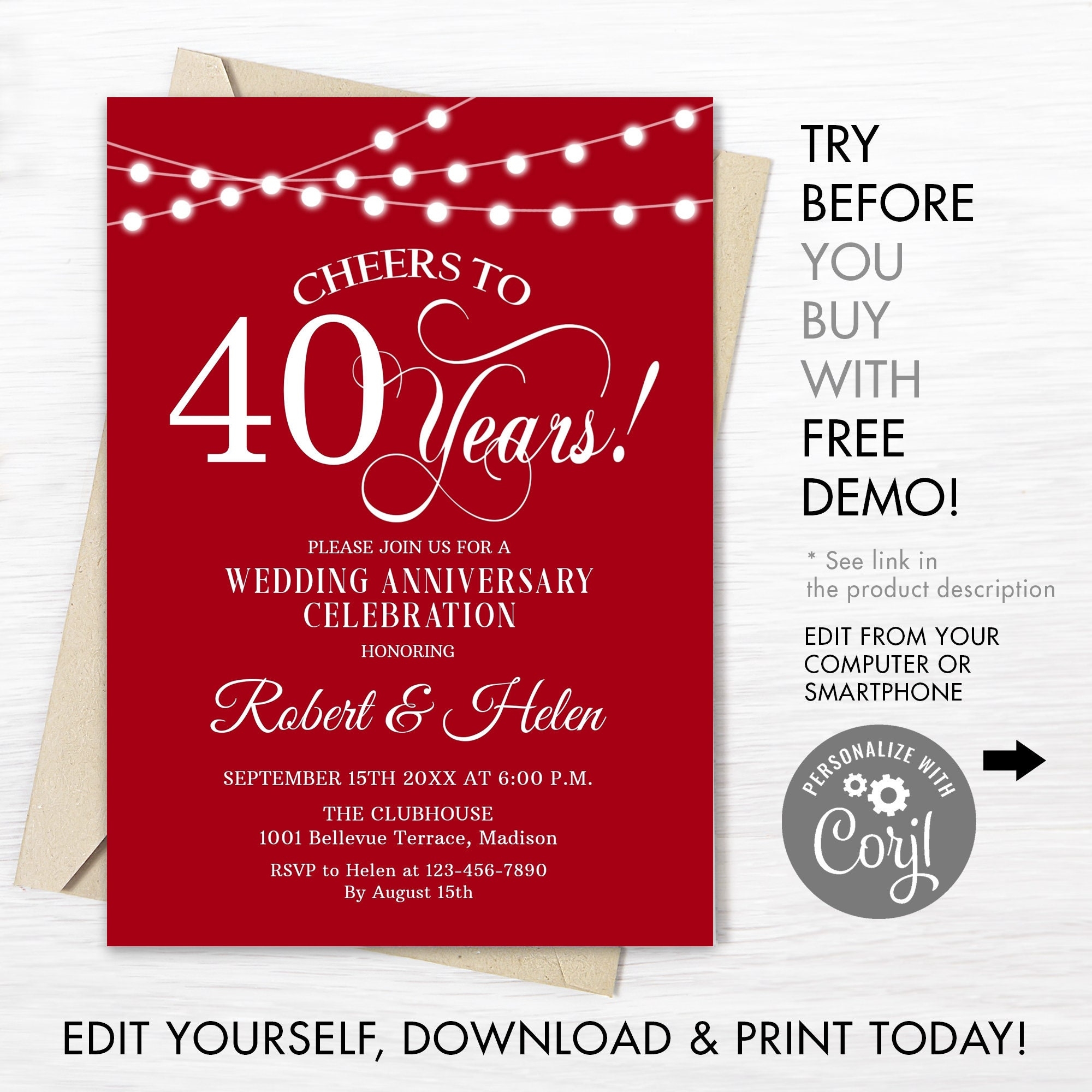 40th Wedding Anniversary Party Invitation INSTANT DOWNLOAD Editable Digital Template Any Years Of Marriage Ruby Red White DIY Etsy
