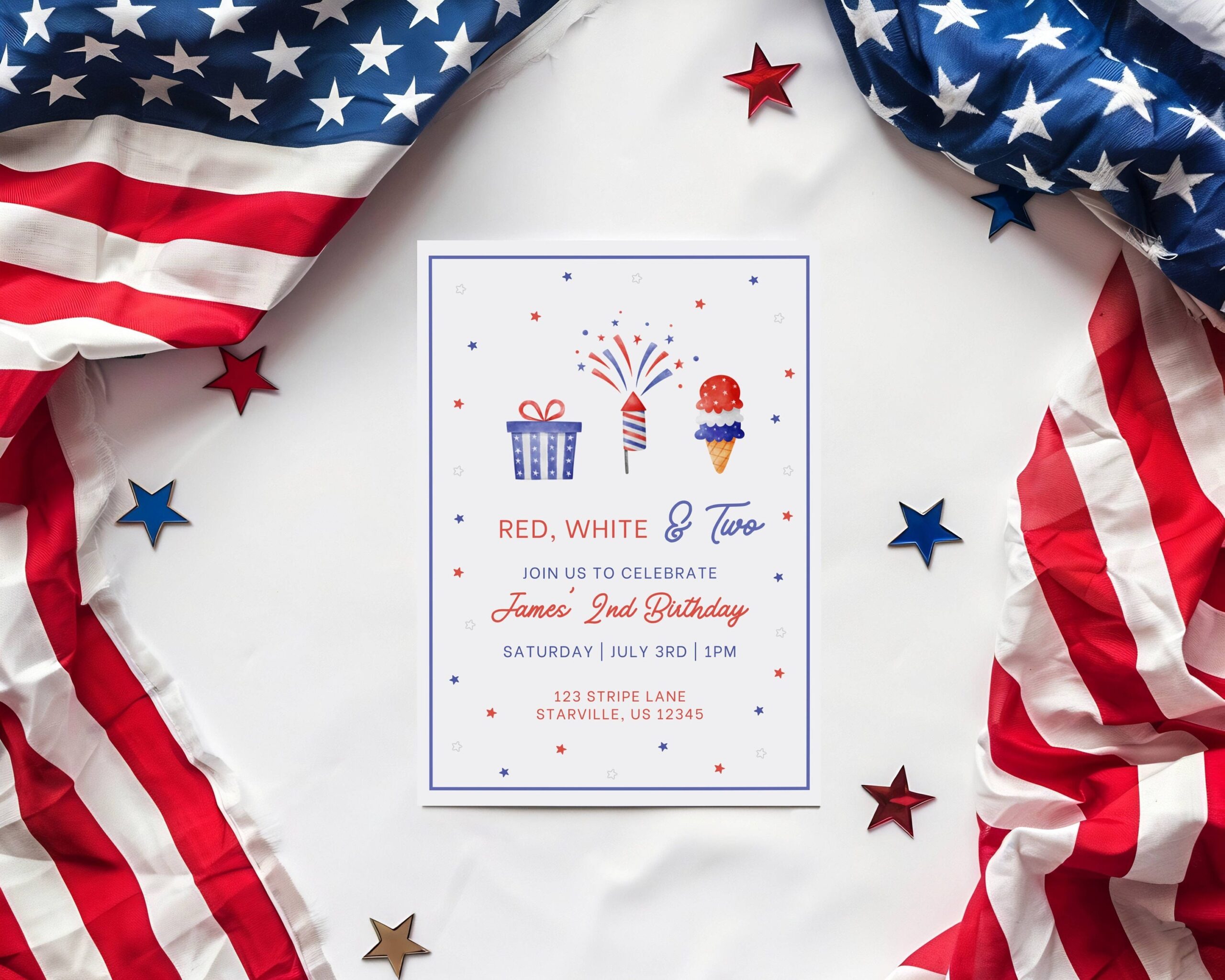 4th July Second Birthday Invitation Template Red White And Two 