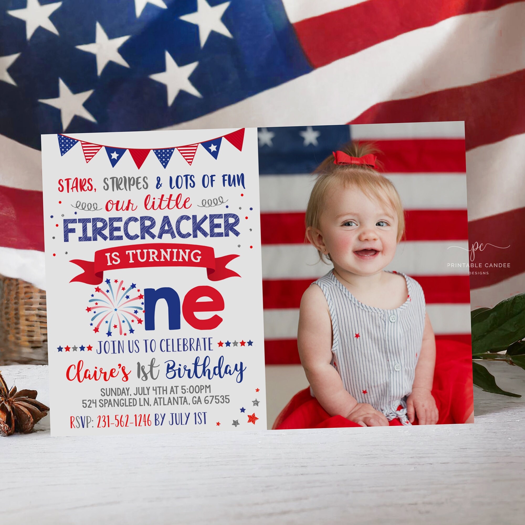 4th Of July 1st Birthday Invitation Red White And Blue Firecracker 