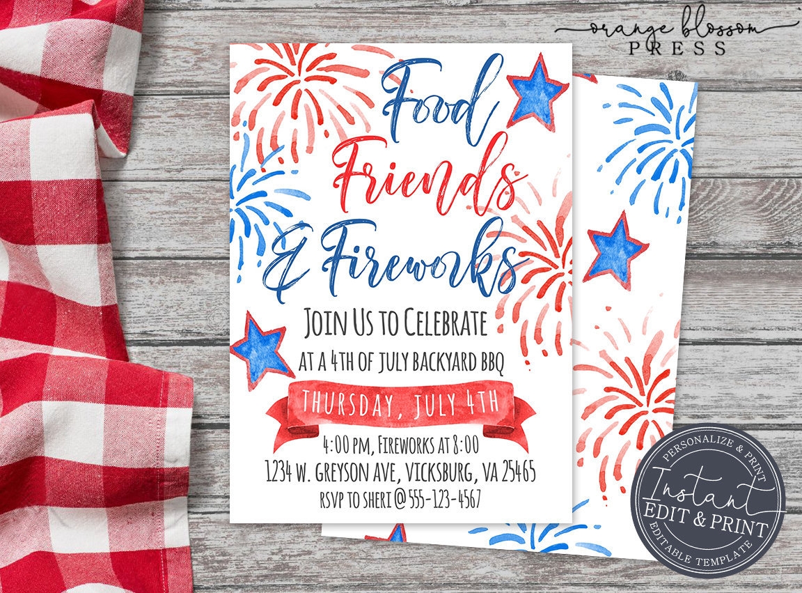 4th Of July Invitation Fourth Of July Celebration BBQ Fireworks 