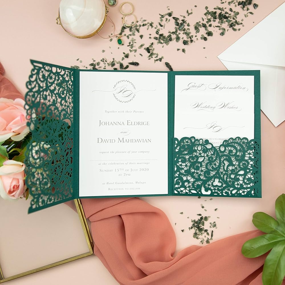50 Cards Pack Green Laser Cut Wedding Invitations With Envelopes Lace And Elegant With Template DIY Kit Floral Trifold Printable Invitation Amazon co uk Home U0026 Kitchen