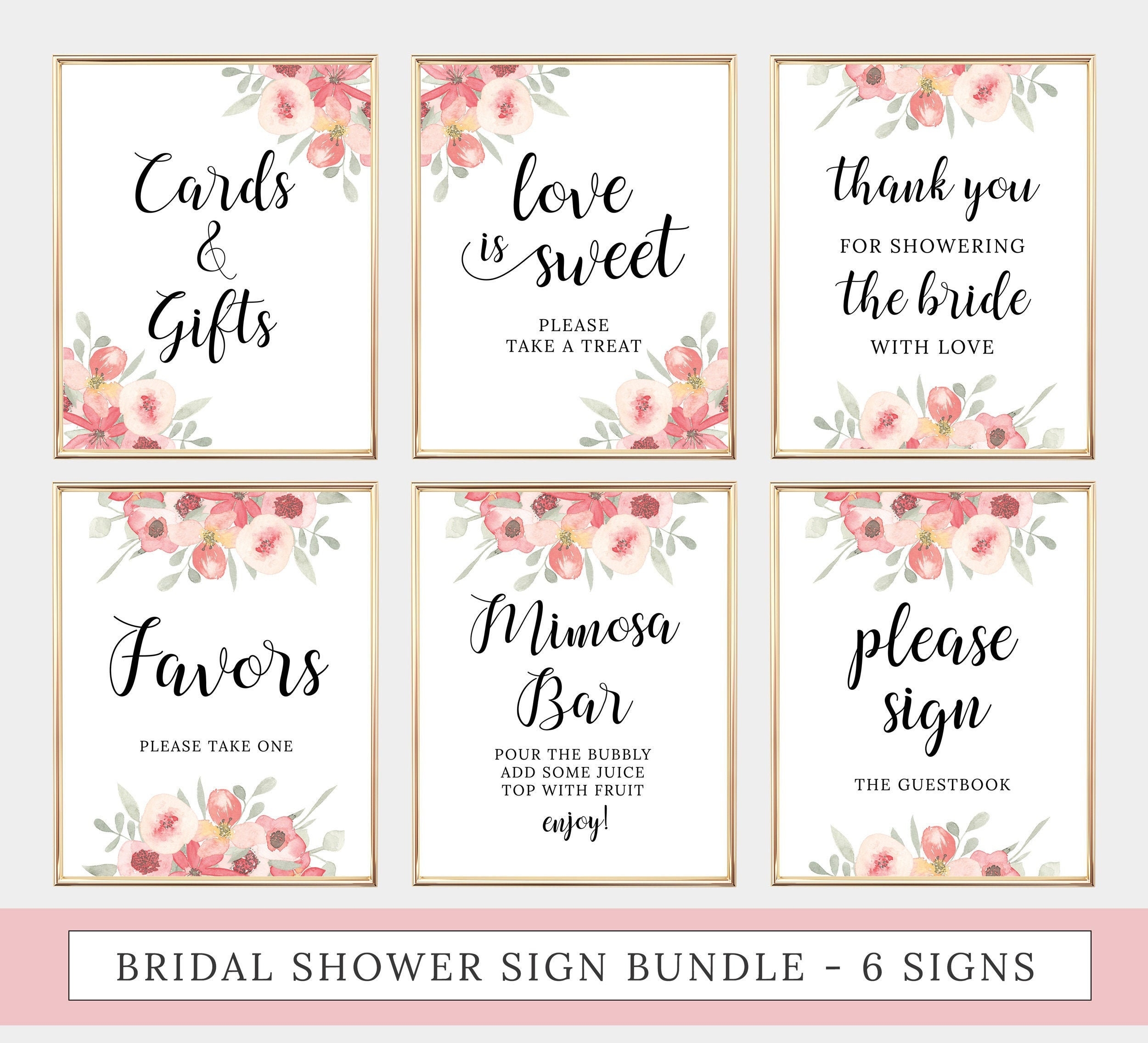 6 Bridal Shower Signs Bundle Printable Signage Pack Floral Wedding Shower Signs Set Coral Blush Flowers Floral Wedding Shower BR003 Etsy
