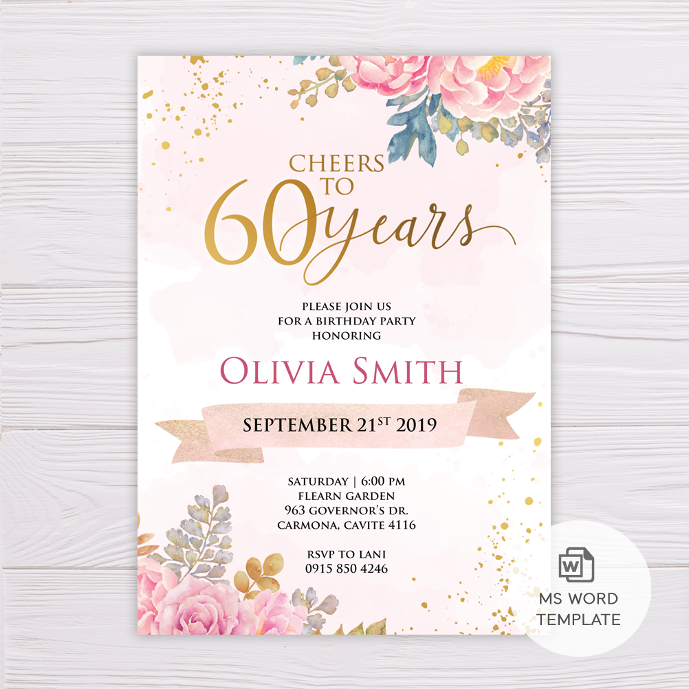 60th Birthday Invitation Template Cheers To 60 Years Dgtally