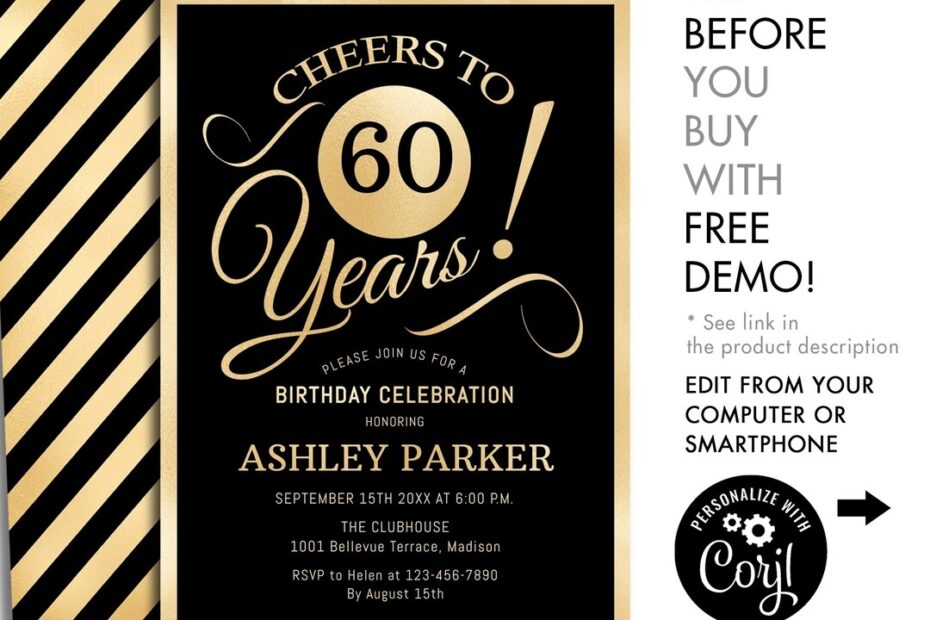 60th Birthday Party Invitation INSTANT DOWNLOAD DIY Digital Template Any Age Gold Black White Cheers To 60 Years Etsy