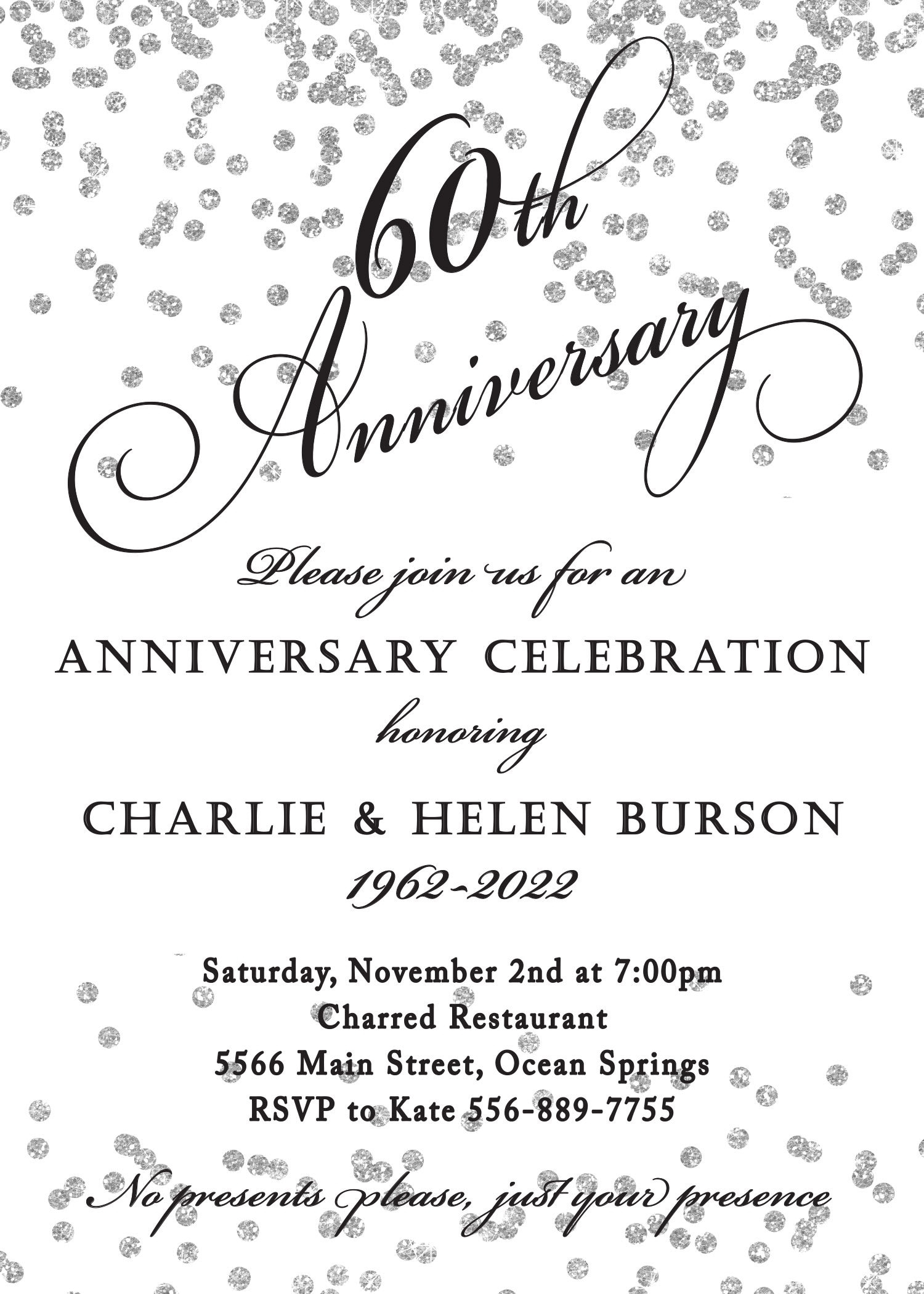 60th Wedding Anniversary Invitation Printable digital File silver 60th Anniversary Surprise Dinner Party wording Can Be Changed Etsy