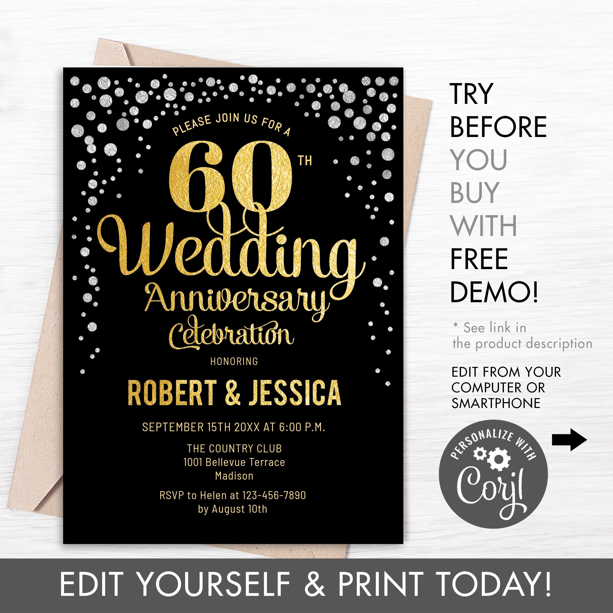 60th Wedding Anniversary Party Invitation INSTANT DOWNLOAD Digital Template ANY Year Of Marriage Glitter Gold Foil Black Etsy