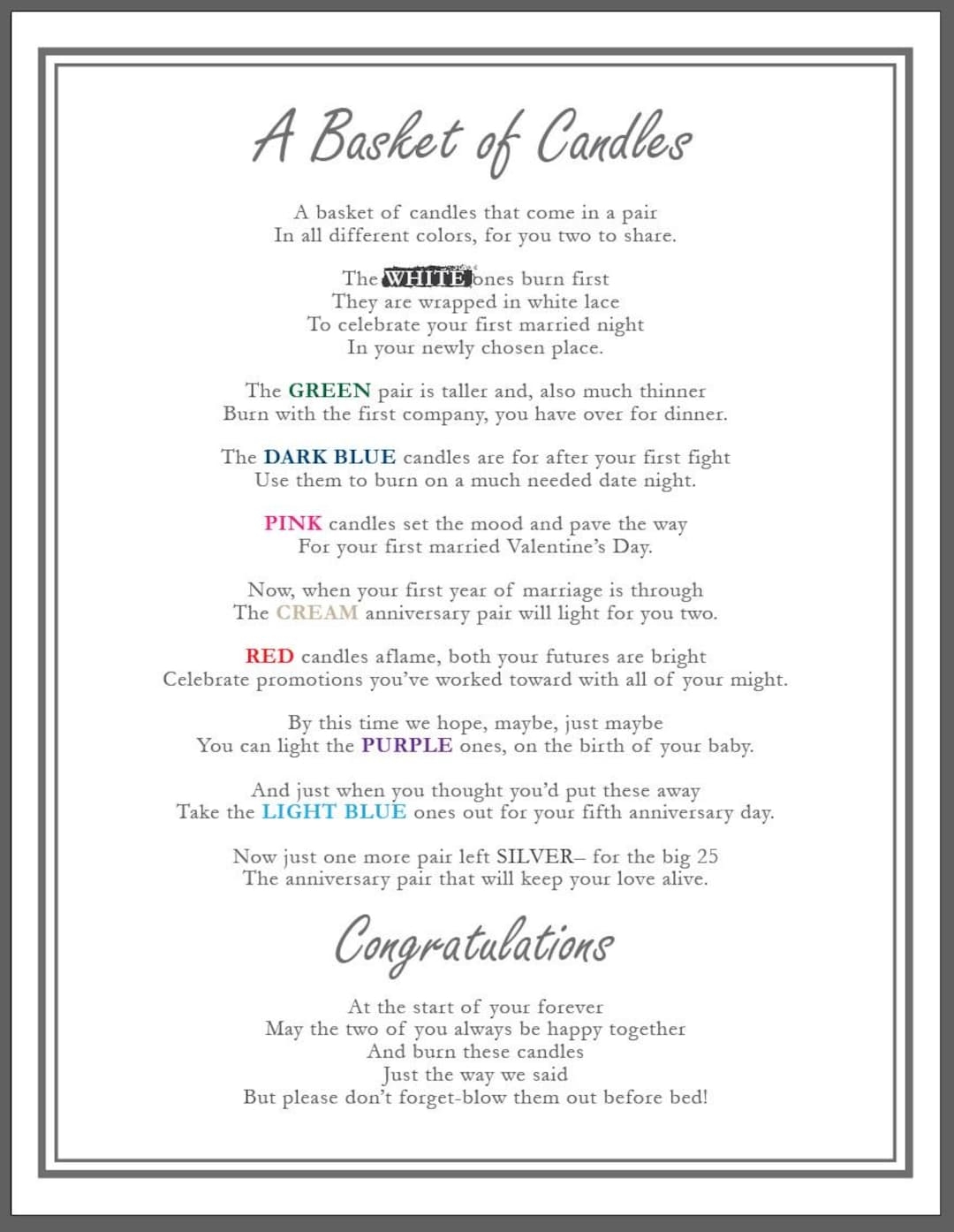 8 5x11 Basket Of Candles Printable Poem Newlywed Gift Basket Bridal Shower Gift Basket Poem For Candle Gift Gift Basket For Wedding Etsy