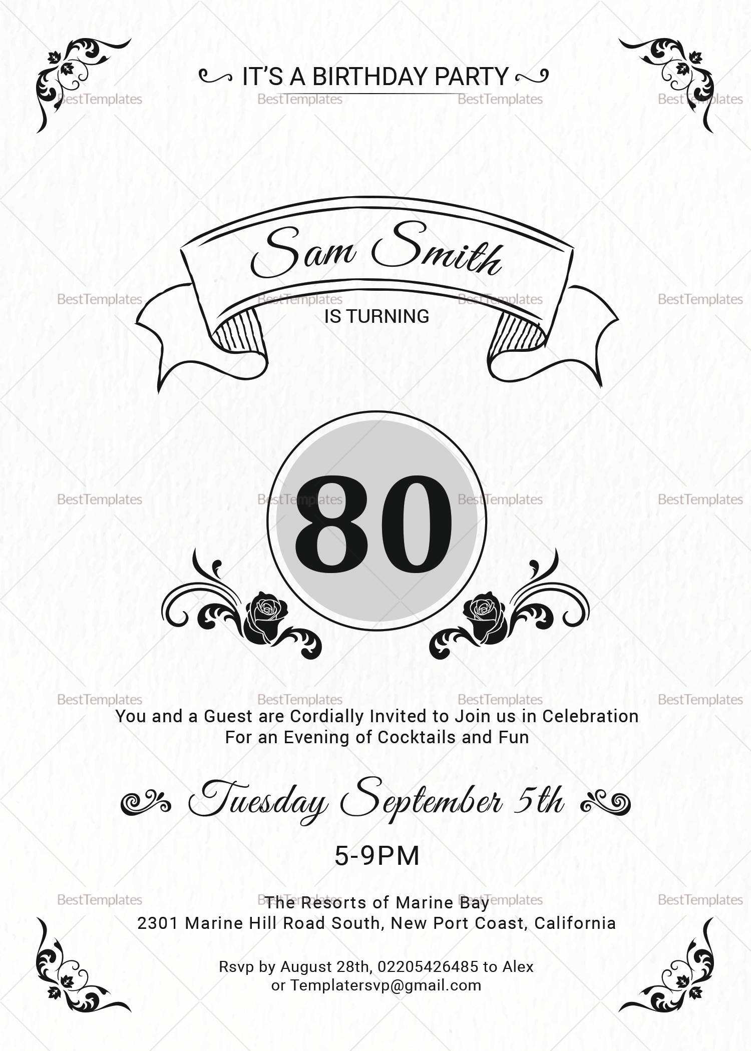 80th Birthday Party Invitation Design Template In Word PSD Publisher
