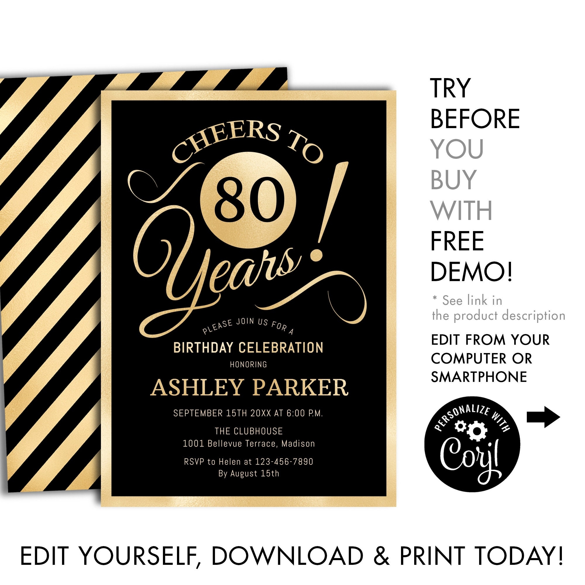 80th Birthday Party Invitation INSTANT DOWNLOAD DIY Digital 