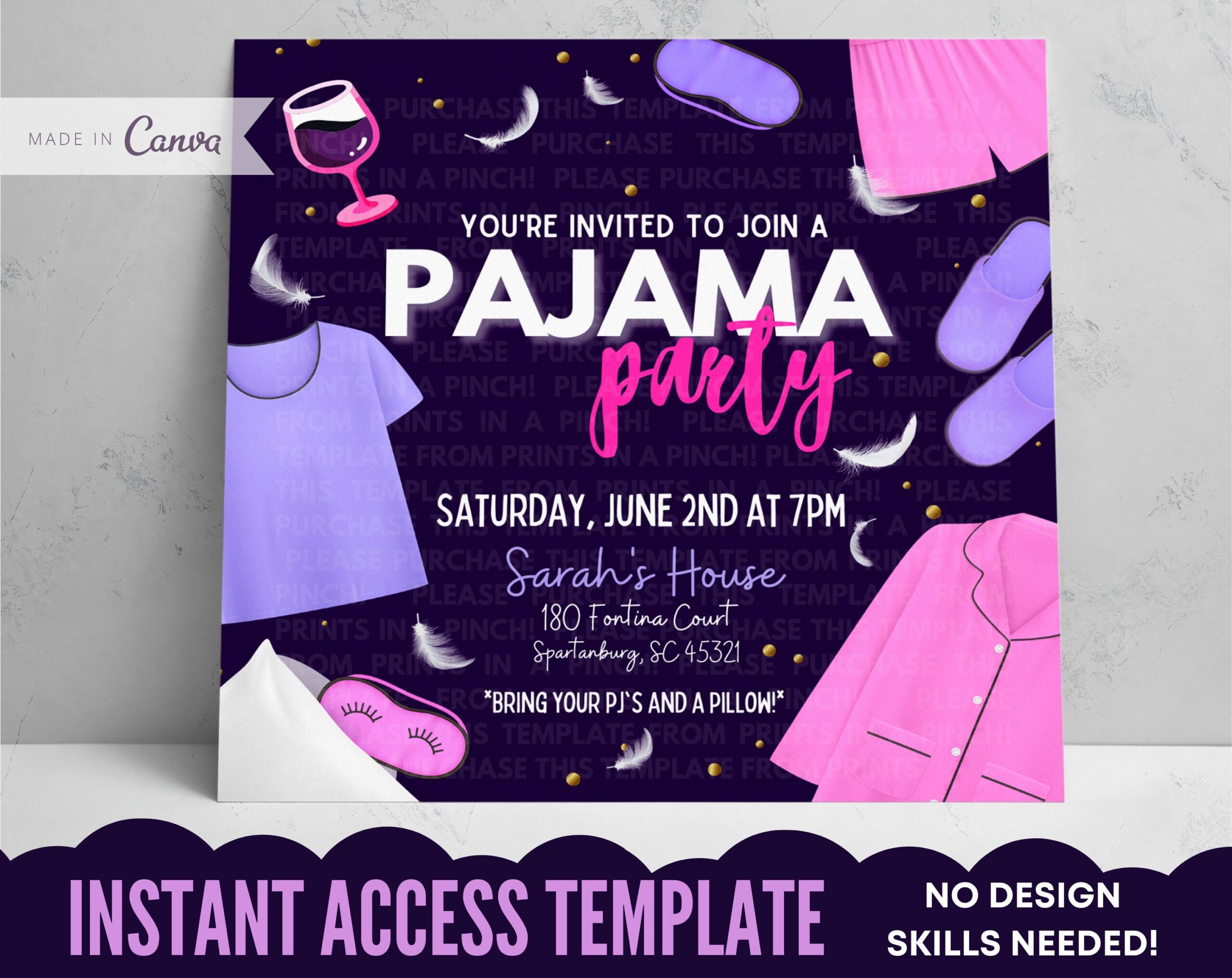 Adult Pajama Party Purple pink Invitation Template Girls Night In Sleepover Slumber Party Ladies Night Out quarantined Invite Etsy