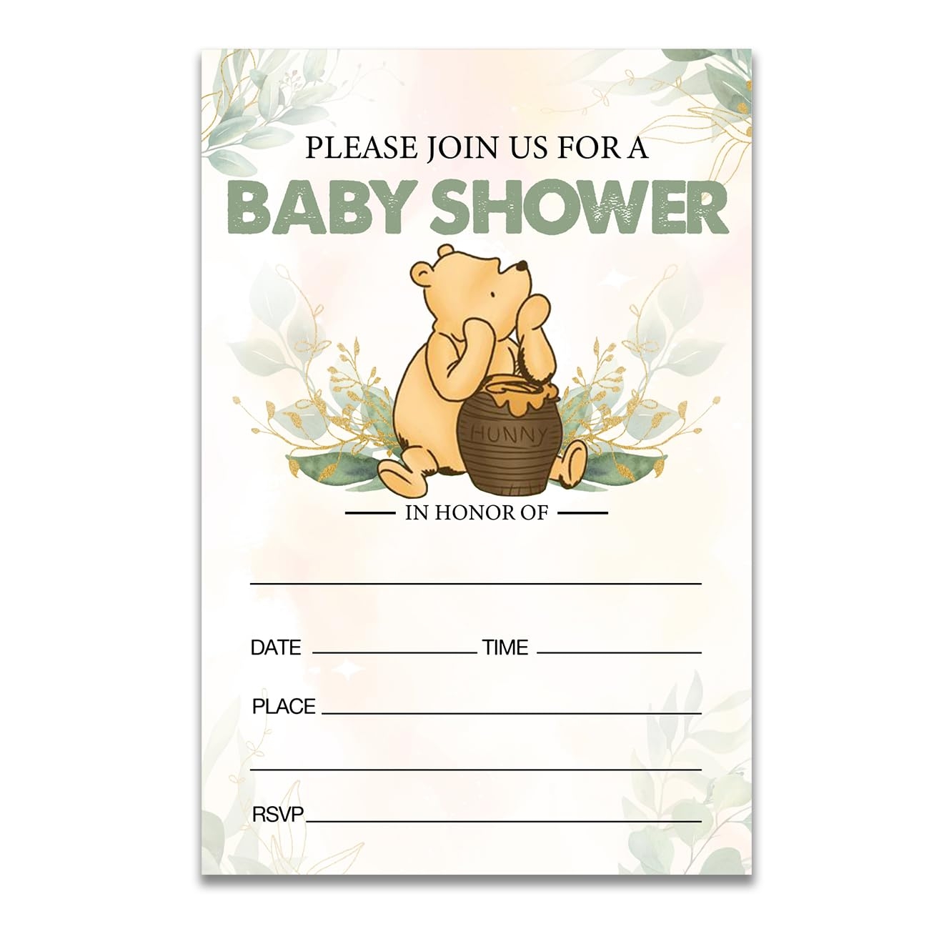 Amazon Dolimifa Classic Winnie The Pooh Themed Baby Shower Invitations Fill In Style Greenery Pooh Honey Bear Gender Neutral Baby Shower Invites 20 Count With Envelopes Home U0026 Kitchen