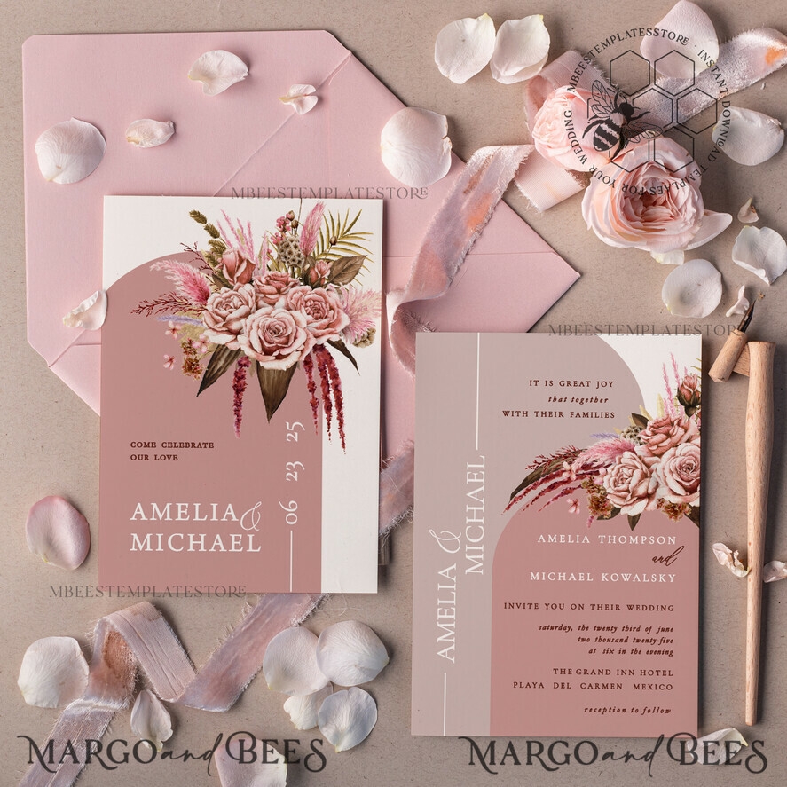 Arch Blush Wedding Invitation Template Instant Download Printable Invites Home Printing Pink Boho Wedding Invitation Card Set Template