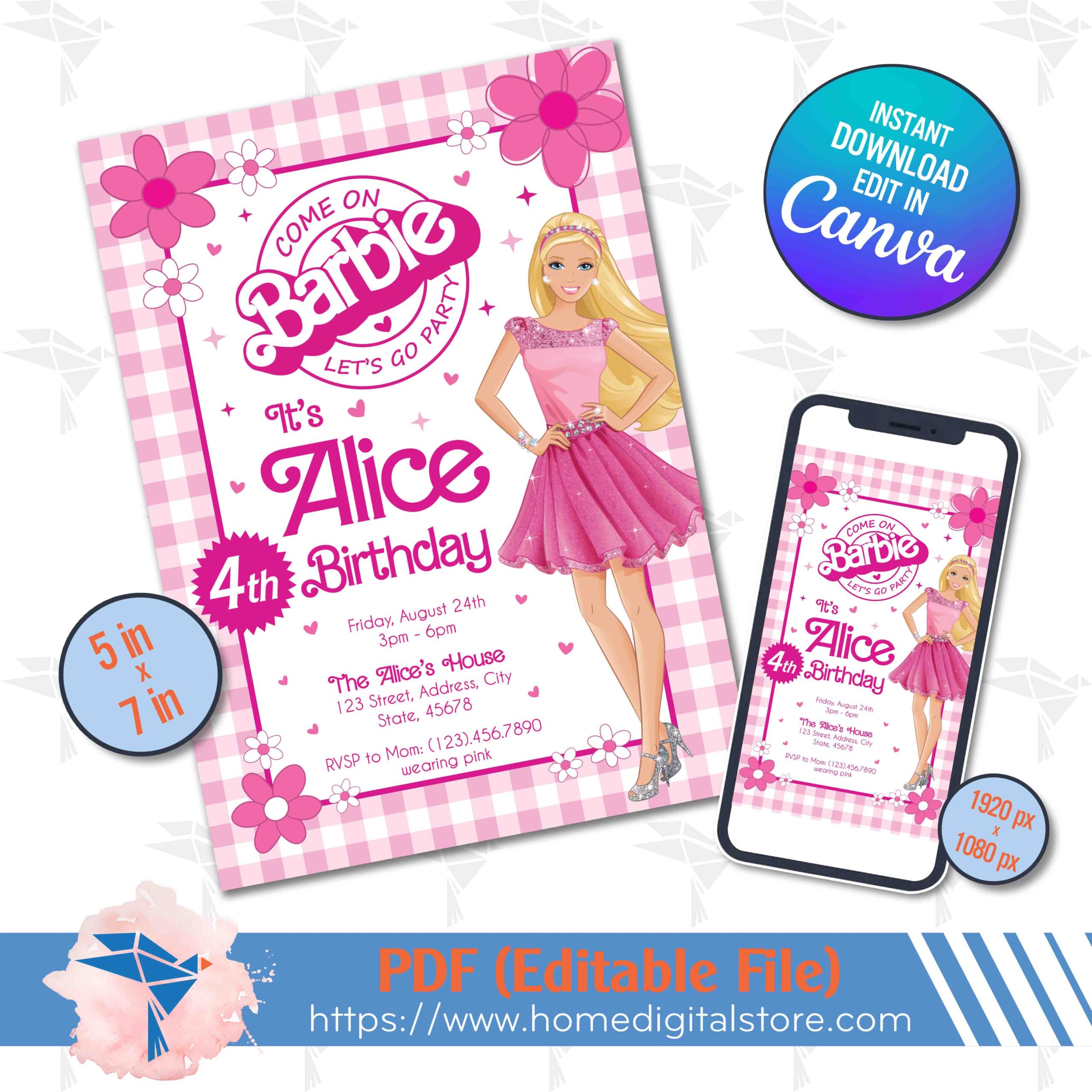 Barbie Birthday Invitation Canva Template Instant Download Digital Invite Editable For Birthday Party Printing Or More
