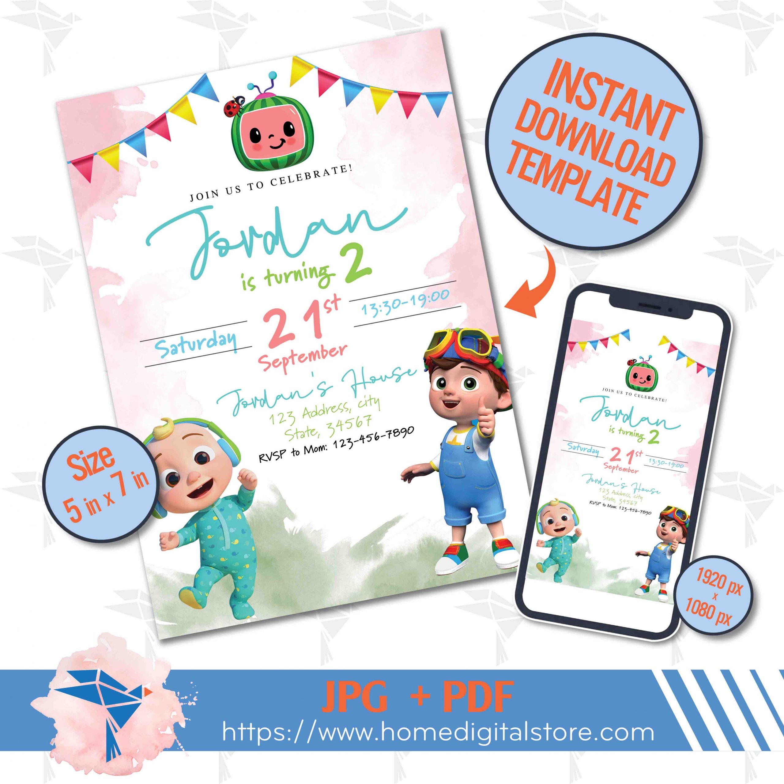 Birthday Cocomelon Invitation JPG PDF Instant Download Digital Files For Birthday Printing Or More