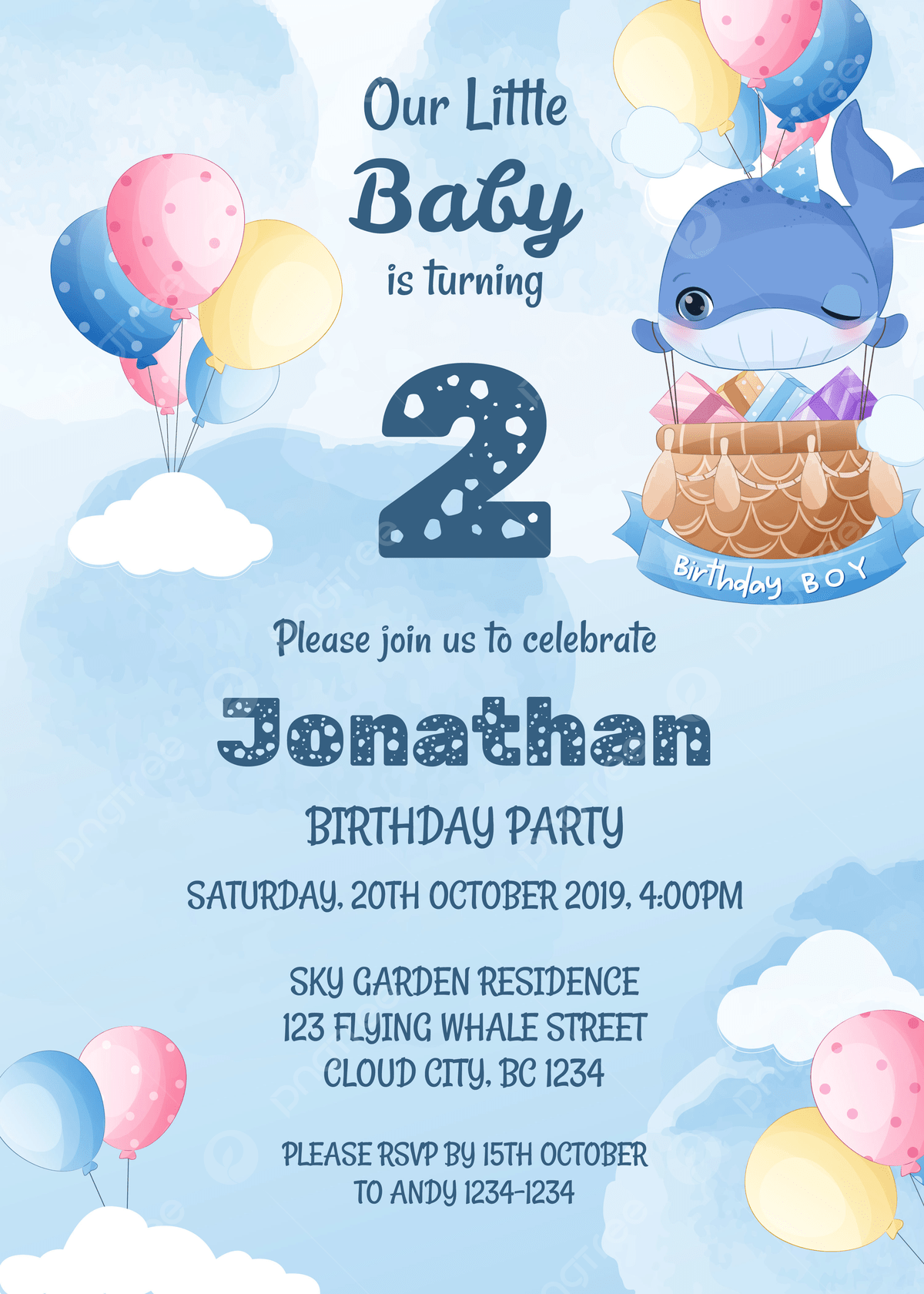 Birthday Party Invitation Template With Flying Whale Template Download On Pngtree