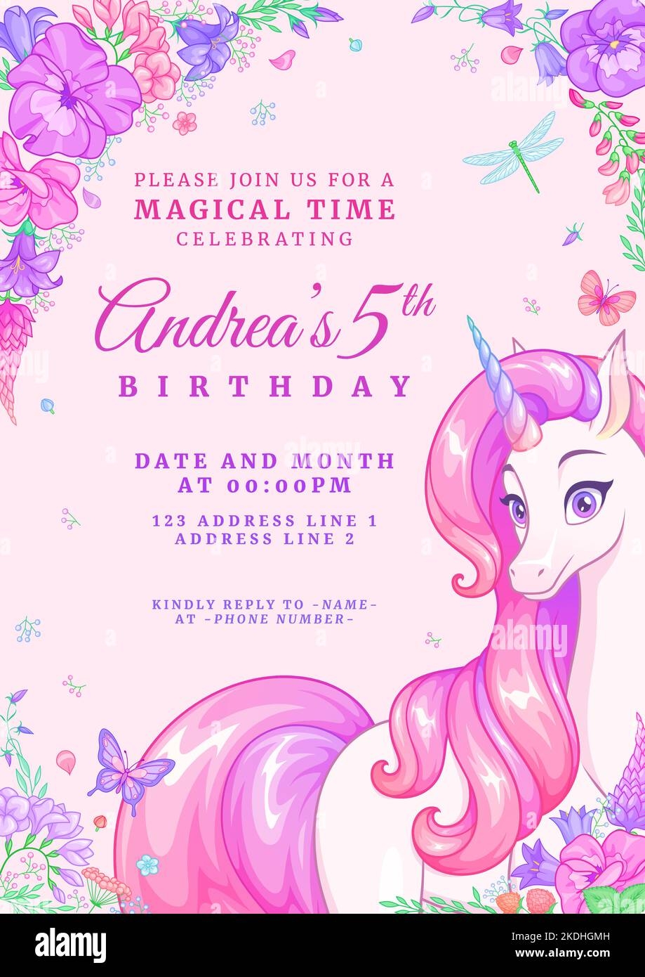 Birthday Party Invitation Template With Unicorn Butterflies And Flowers Vector Illustration On Pink Background Stock Vector Image U0026 Art Alamy