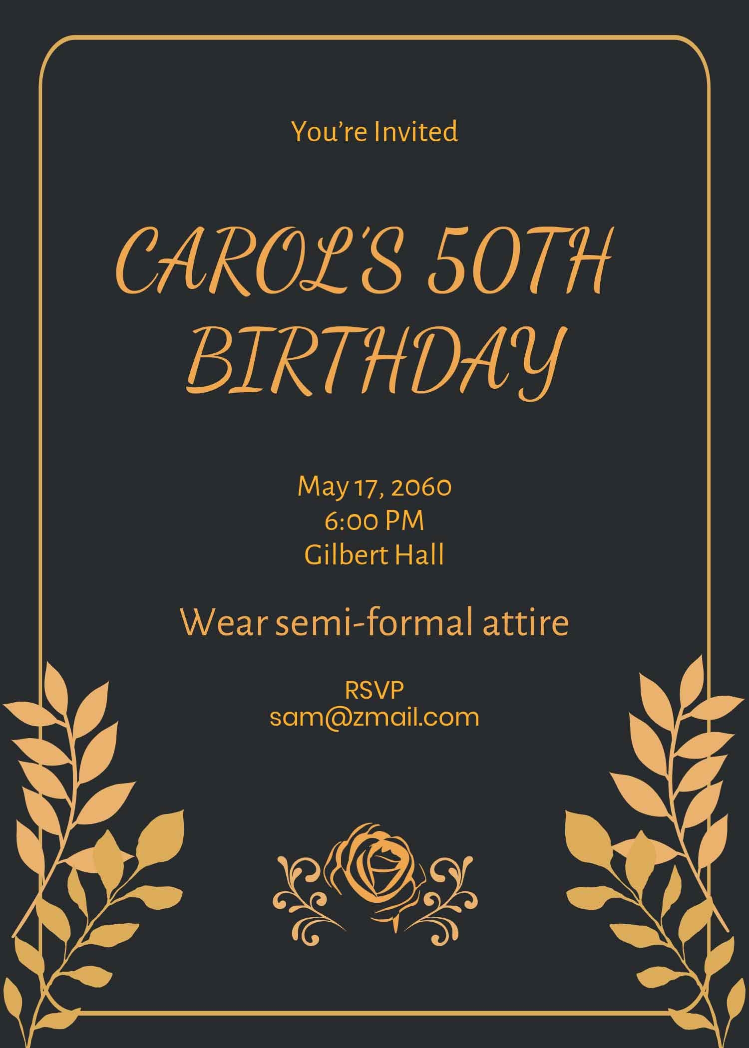 Black And Gold 50th Birthday Invitation Template In PSD Illustrator Word Pages Google Docs Publisher Download Template