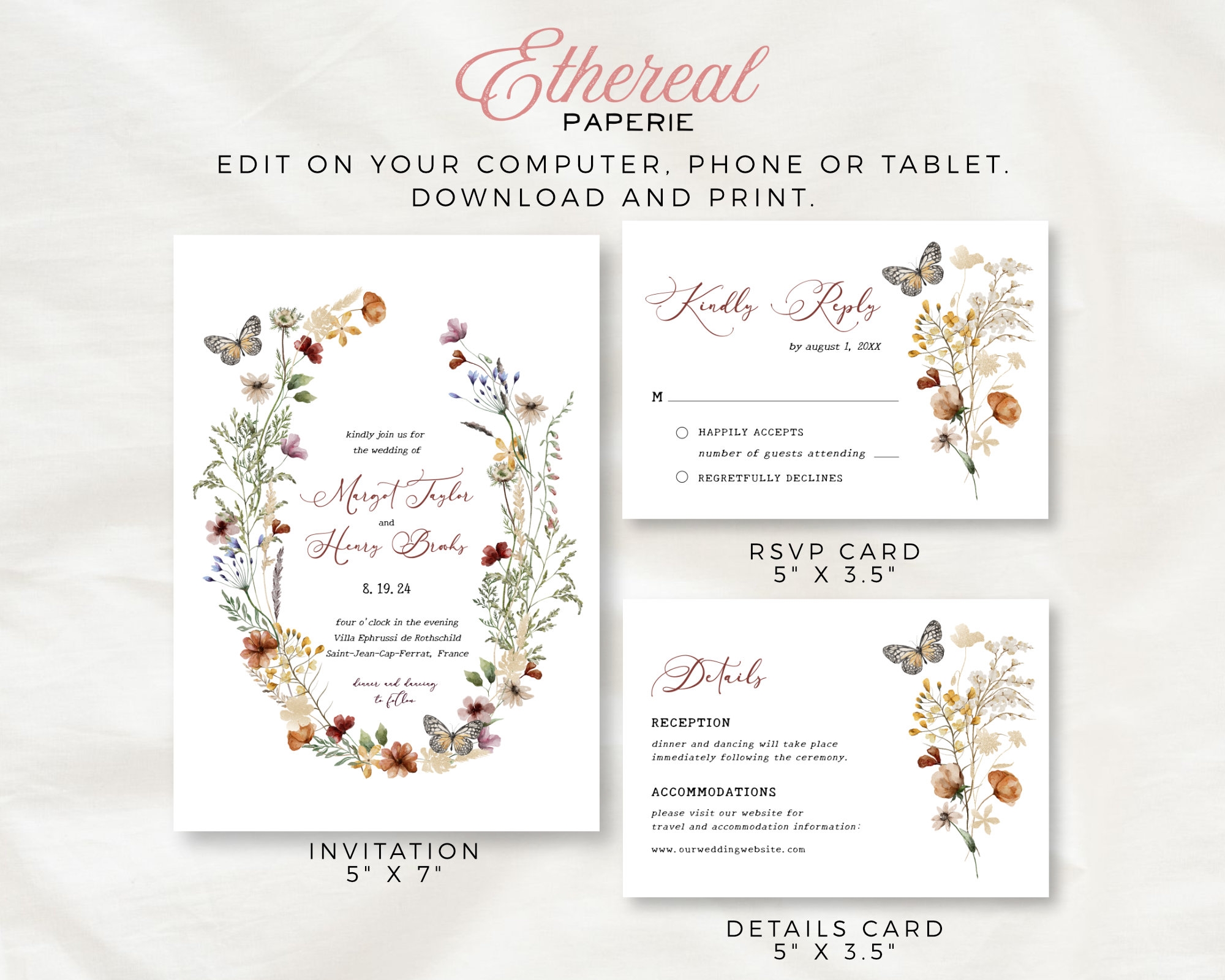 Bloom Floral French Inspired Editable Wedding Invitation Template Set With RSVP And Details Card