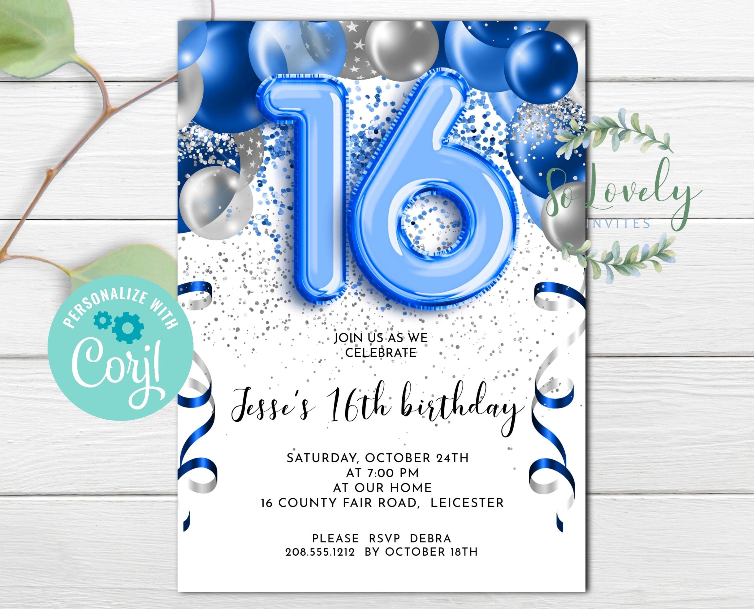 Blue And Silver Balloons 16th Birthday Invitation Editable 
