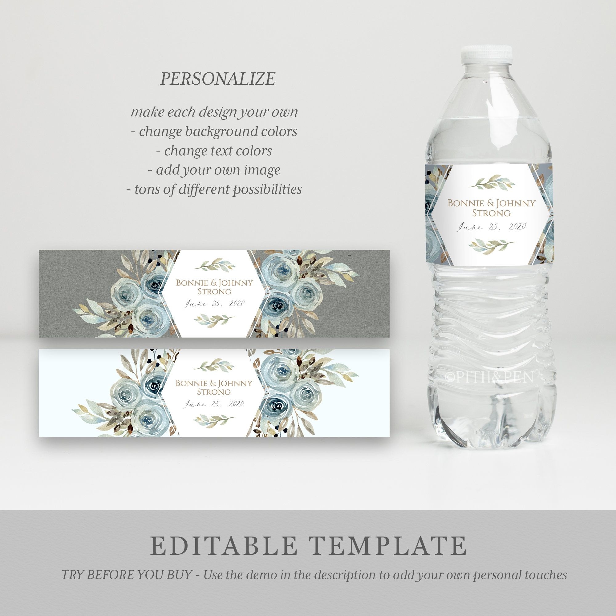 Blue Brown Water Bottle Label Template Wedding Printable