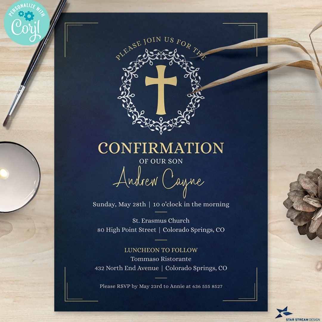 Blue Cross Wreath Confirmation Invitation 2 sided 5x7 Editable Printable Digital Template Edit Online U0026 Print Etsy