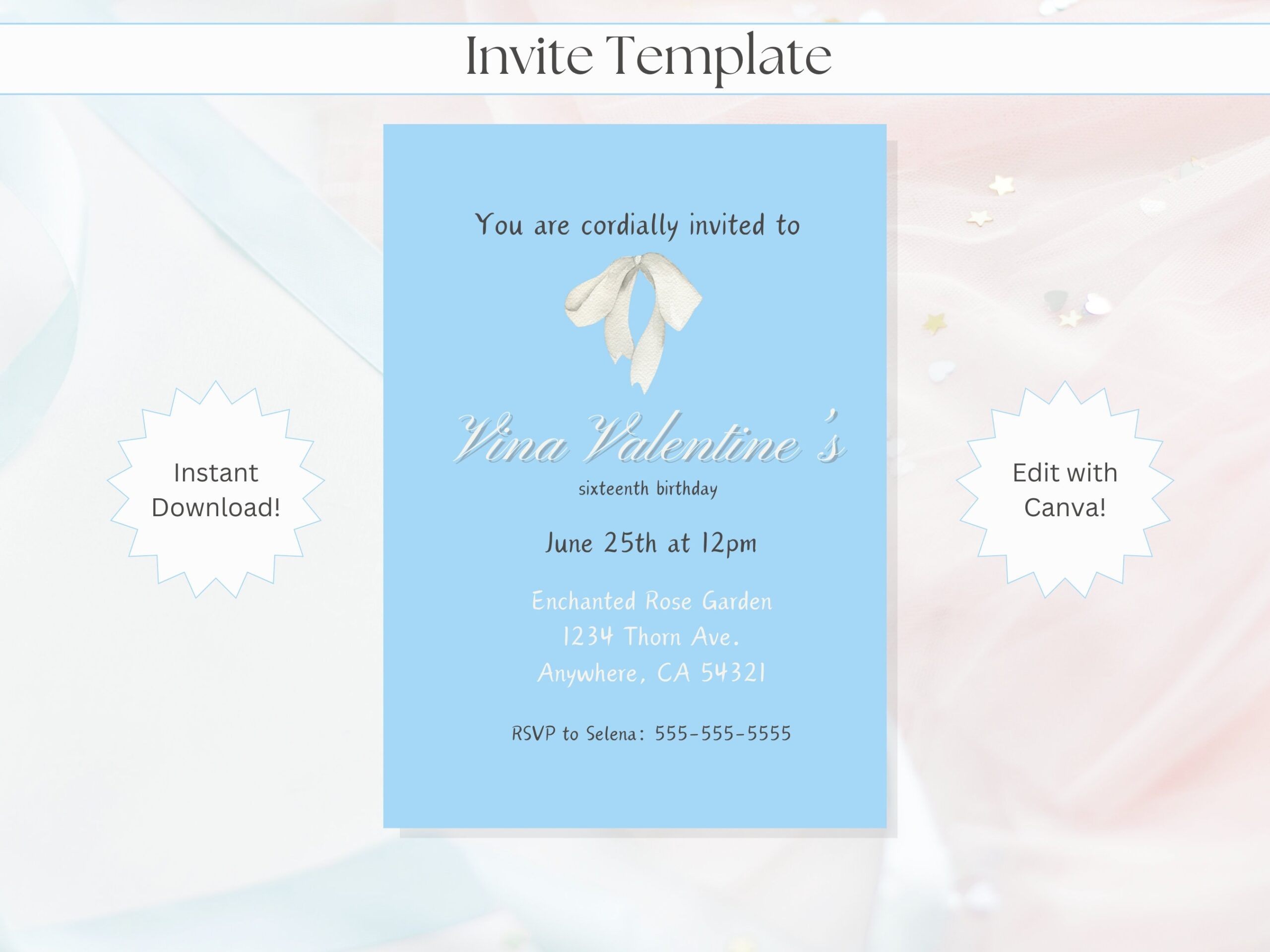 Blue Simple Coquette You Are Cordially Invited Birthday Party Editable Invite invitation Template Digital Download Customizable Etsy