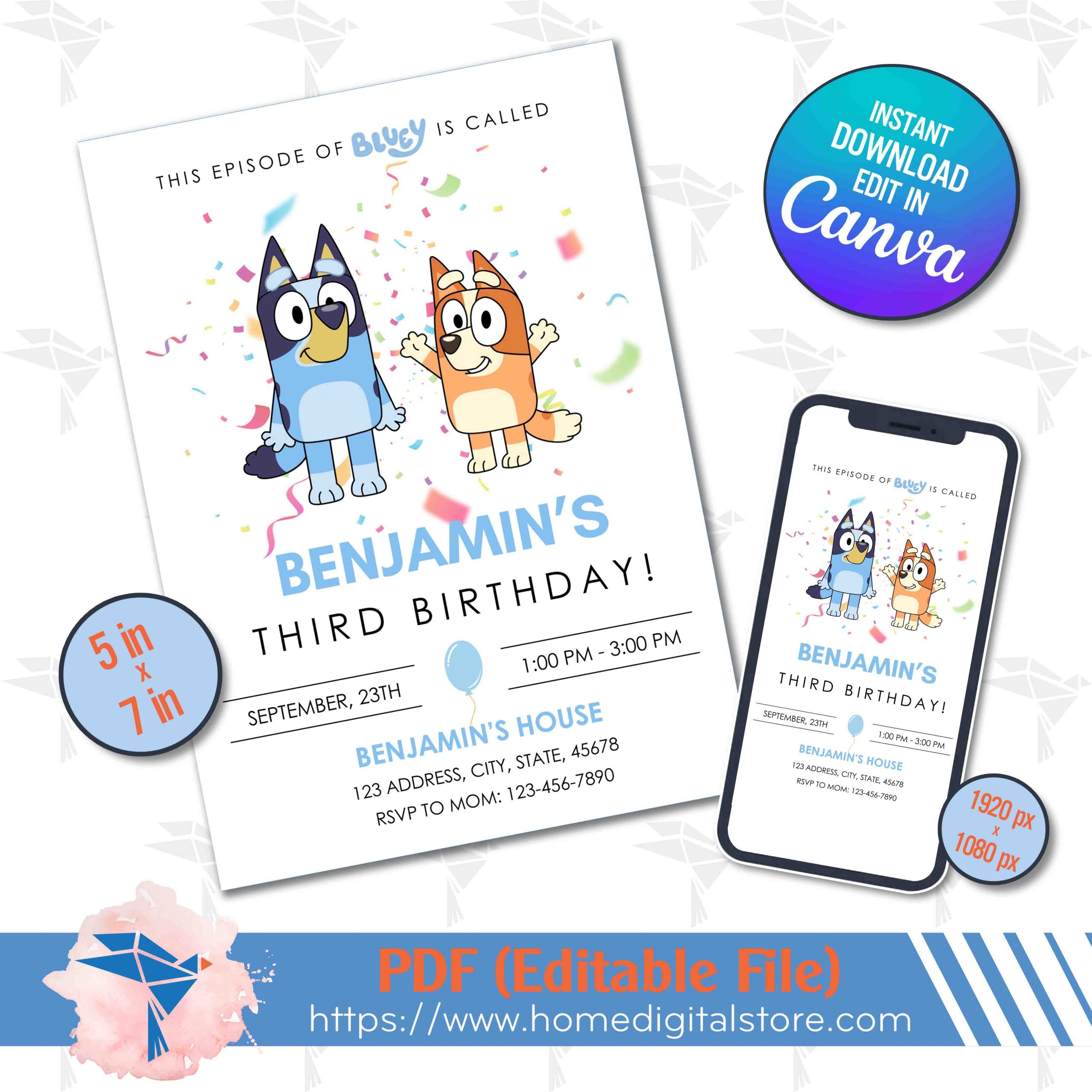 Bluey Birthday Invitation Canva Template Instant Download Digital Invite Editable For Birthday Party Printing Or More