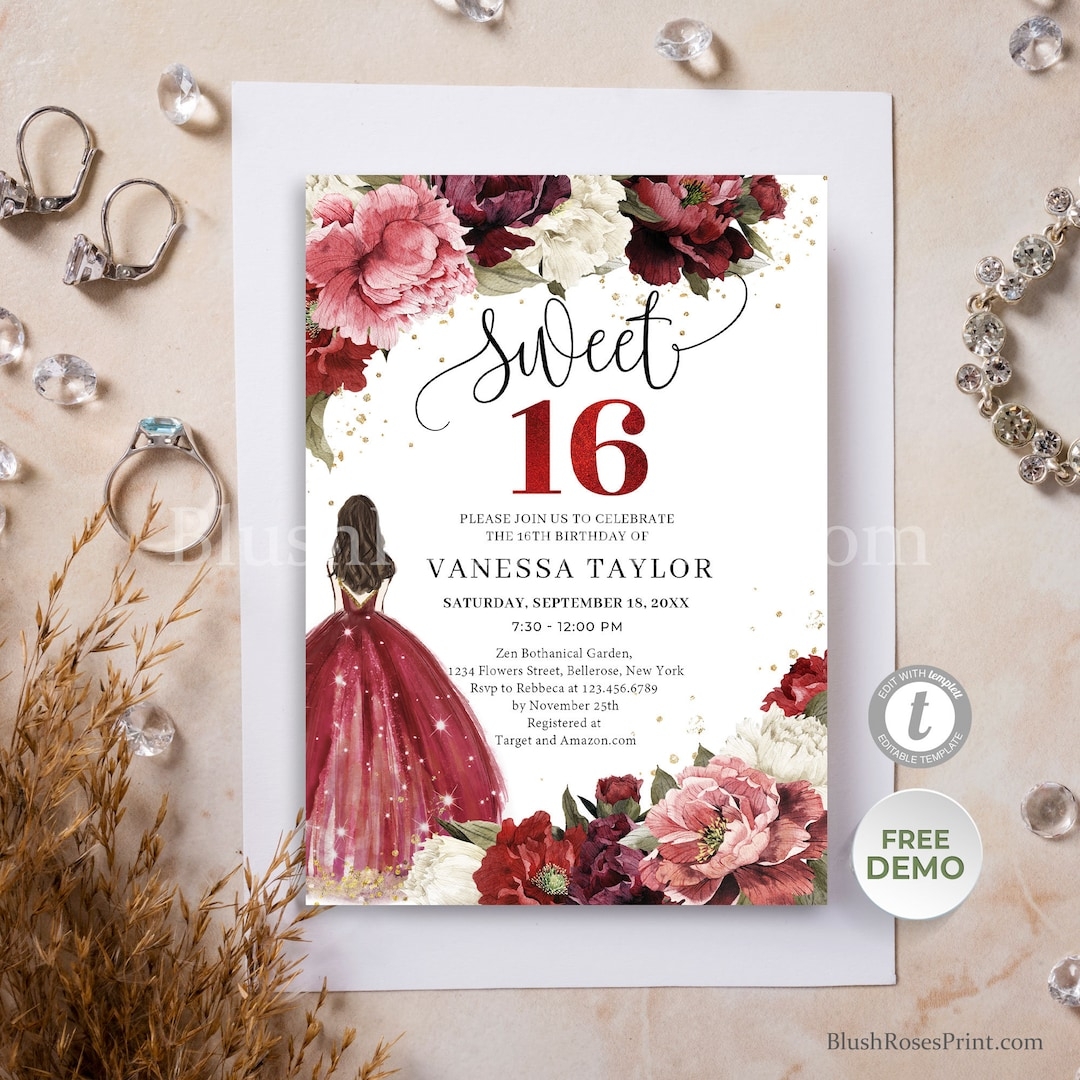 Blush Burgundy Sweet 16 Invitation Template Editable Sweet Sixteen Invitation Princess Dress Blush Burgundy Mauve Flowers Red Dress 137 Etsy