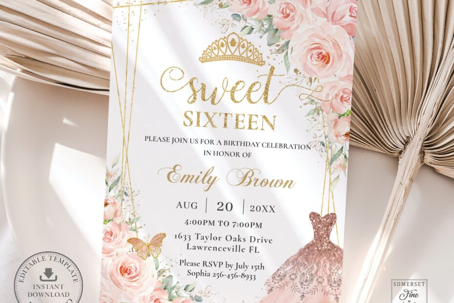 Blush Pink Floral Gold Sweet 16 Invitation EDITABLE TEMPLATE Rose