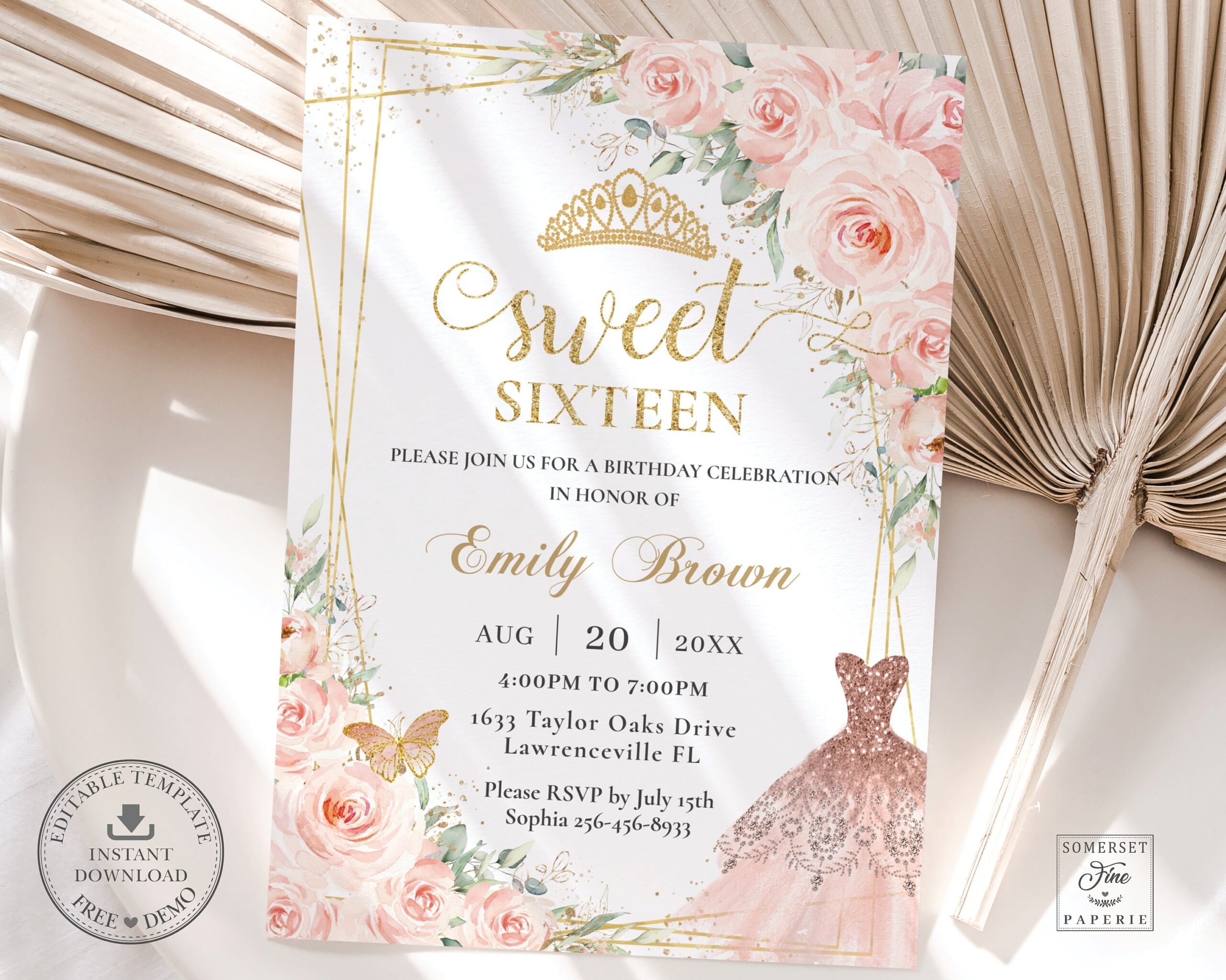 Blush Pink Floral Gold Sweet 16 Invitation EDITABLE TEMPLATE Rose 