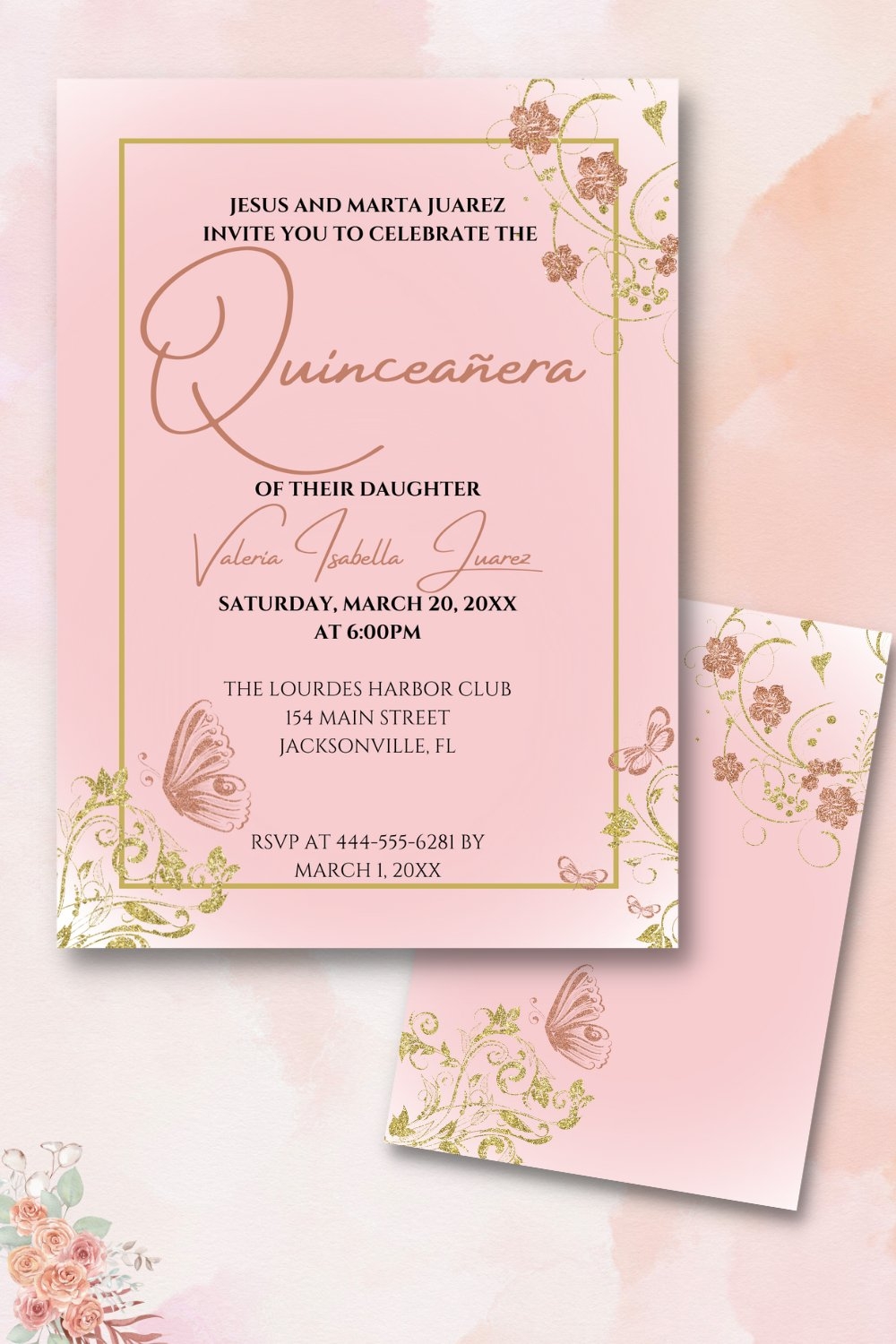 Blush Pink Quincea era Invitation Template