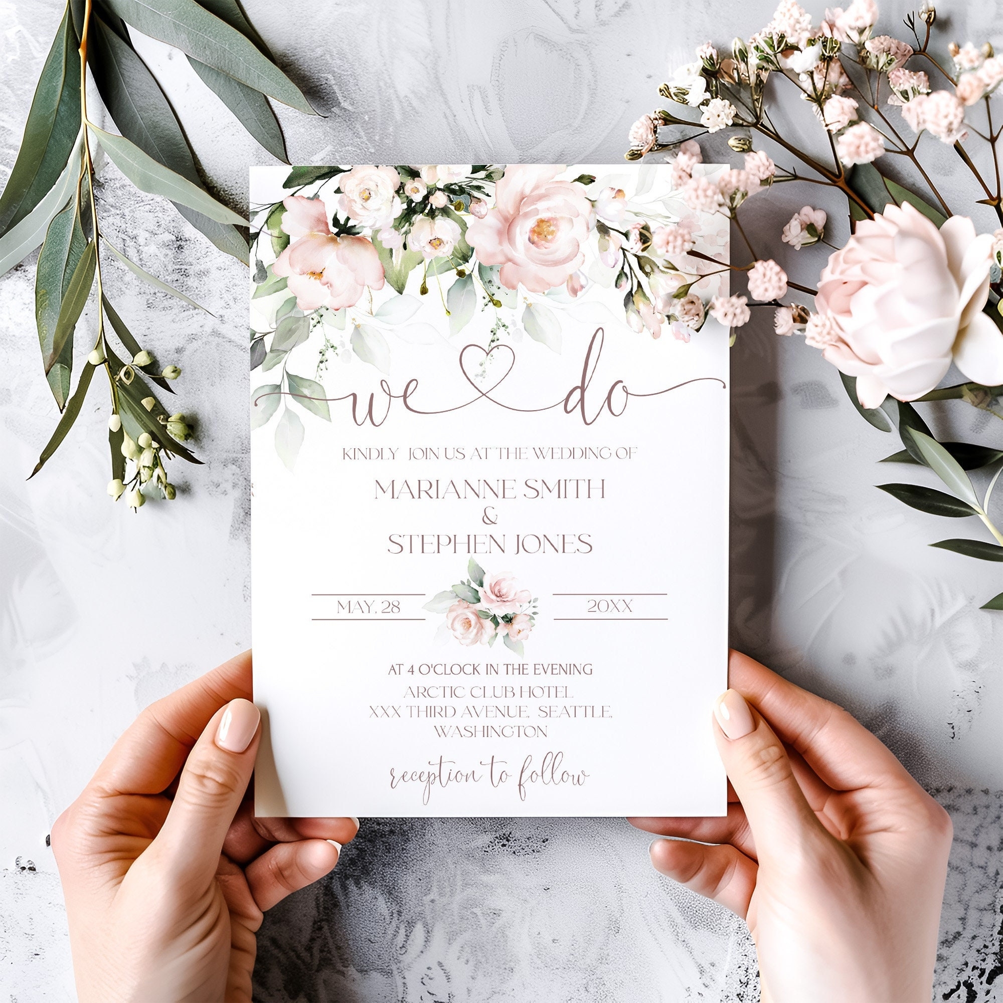 Blush Pink Wedding Invitation Template Printable Soft Pink 