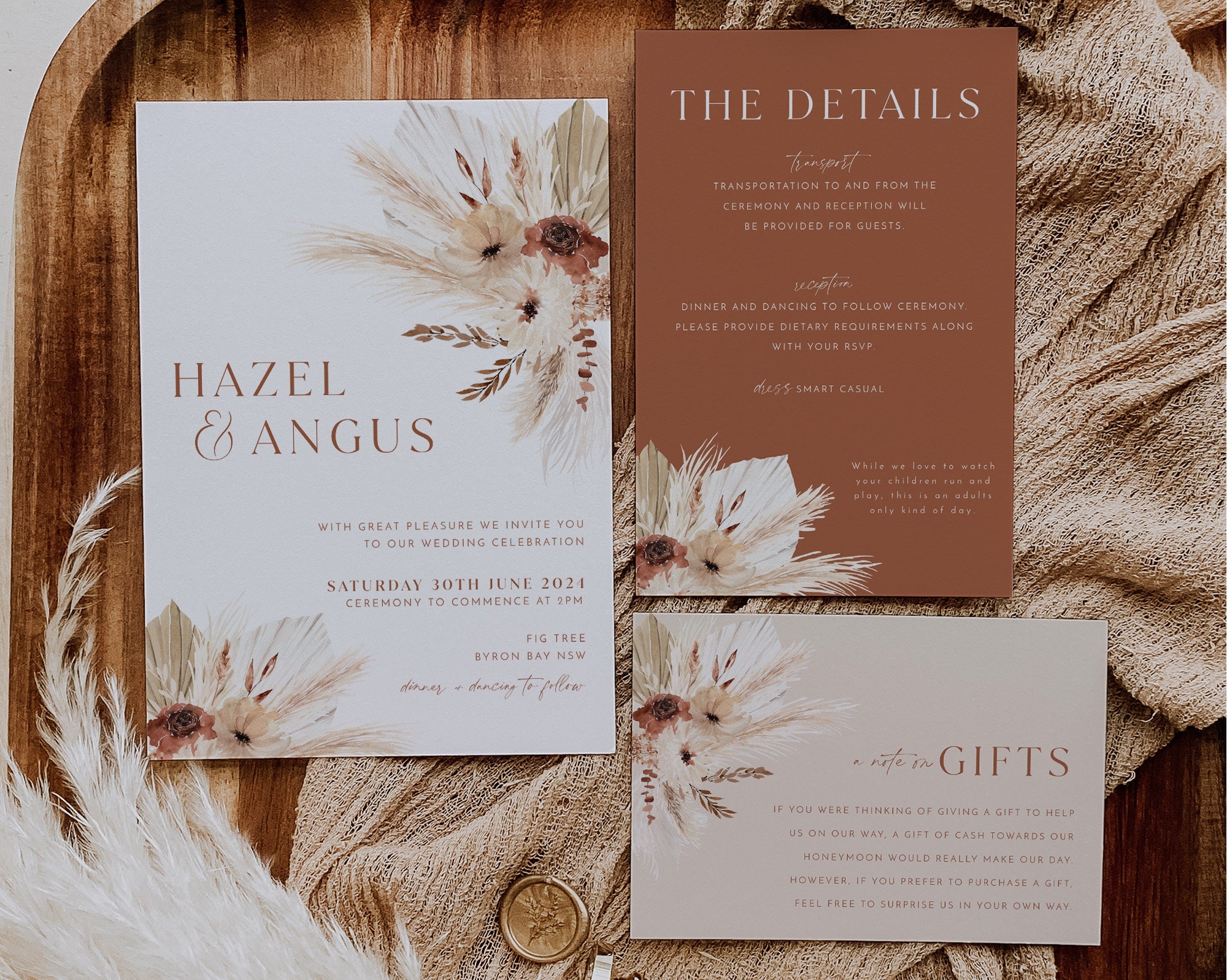 Boho Floral Wedding Invitation Template Set Rustic Wedding Invitation Template Download Editable Invitation Set Pampas Terracotta Hazel Etsy