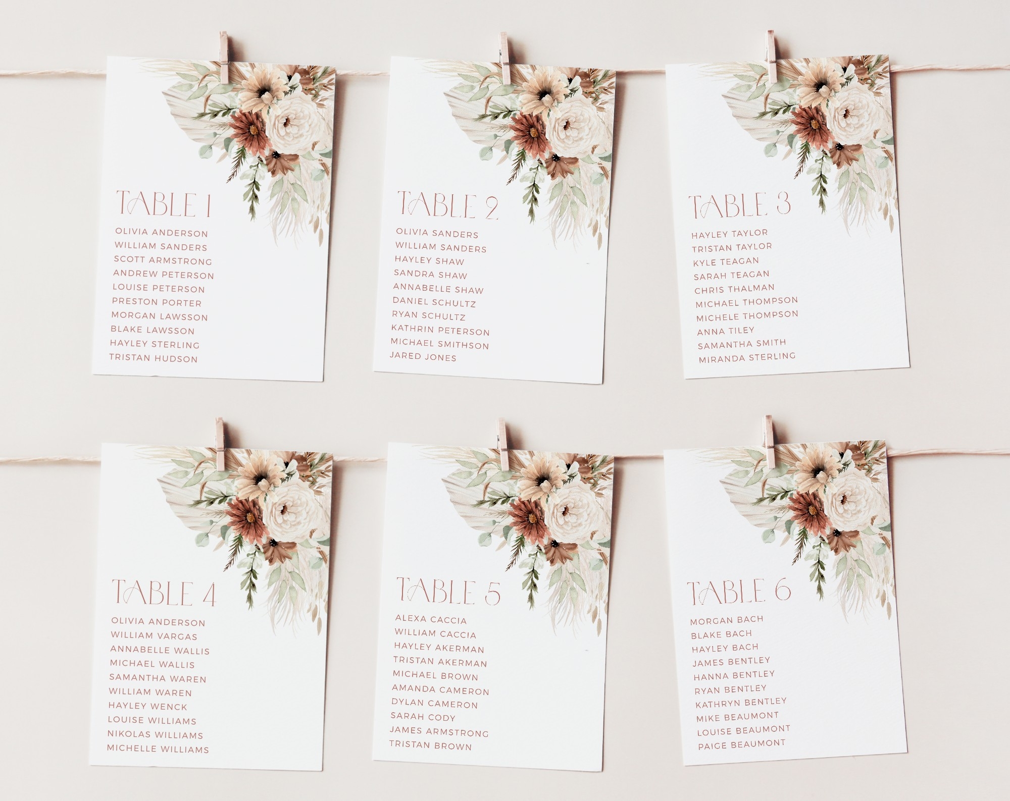 Boho Flowers Seating Cards Seating Chart Wedding Stationery