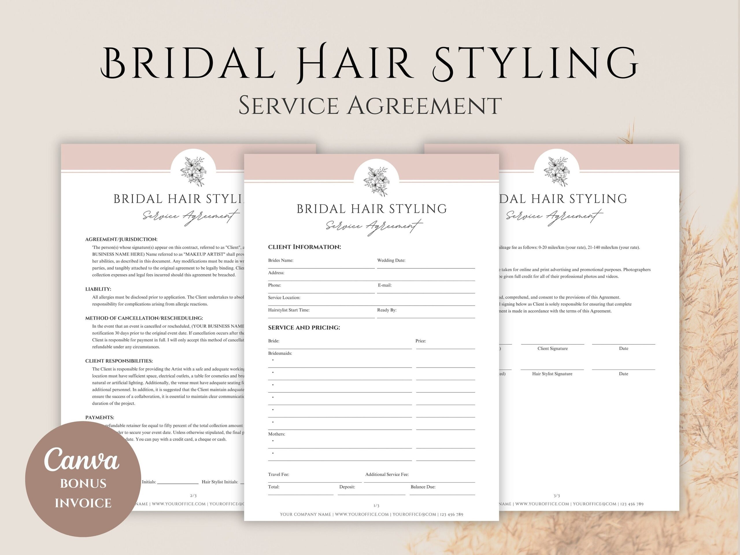 Bridal Hair Contract Template For Hairstylist Freelance Wedding Bridal 