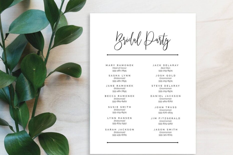 Bridal Party Contact List Double Column Printable Etsy