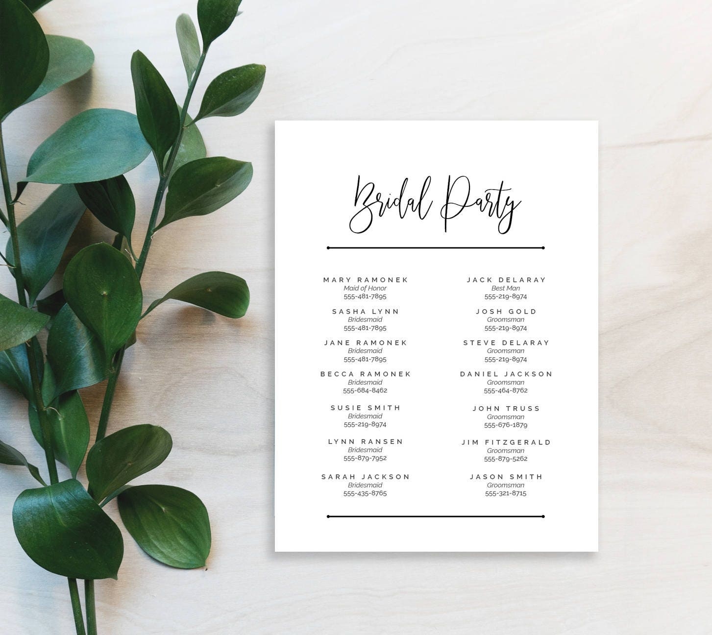 Bridal Party Contact List Double Column Printable Etsy