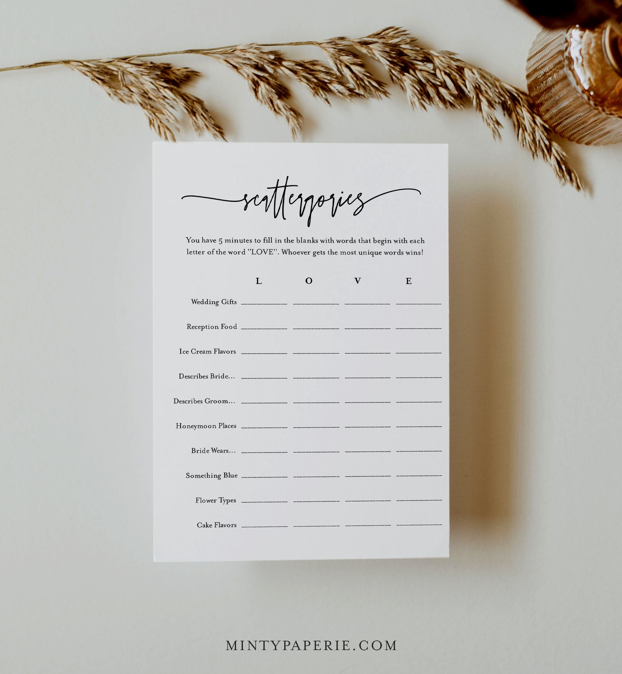 Bridal Scattergories Game Minimalist Bridal Shower Game Wedding Scattergories Editable Template Instant Download Templett 0009 390BG