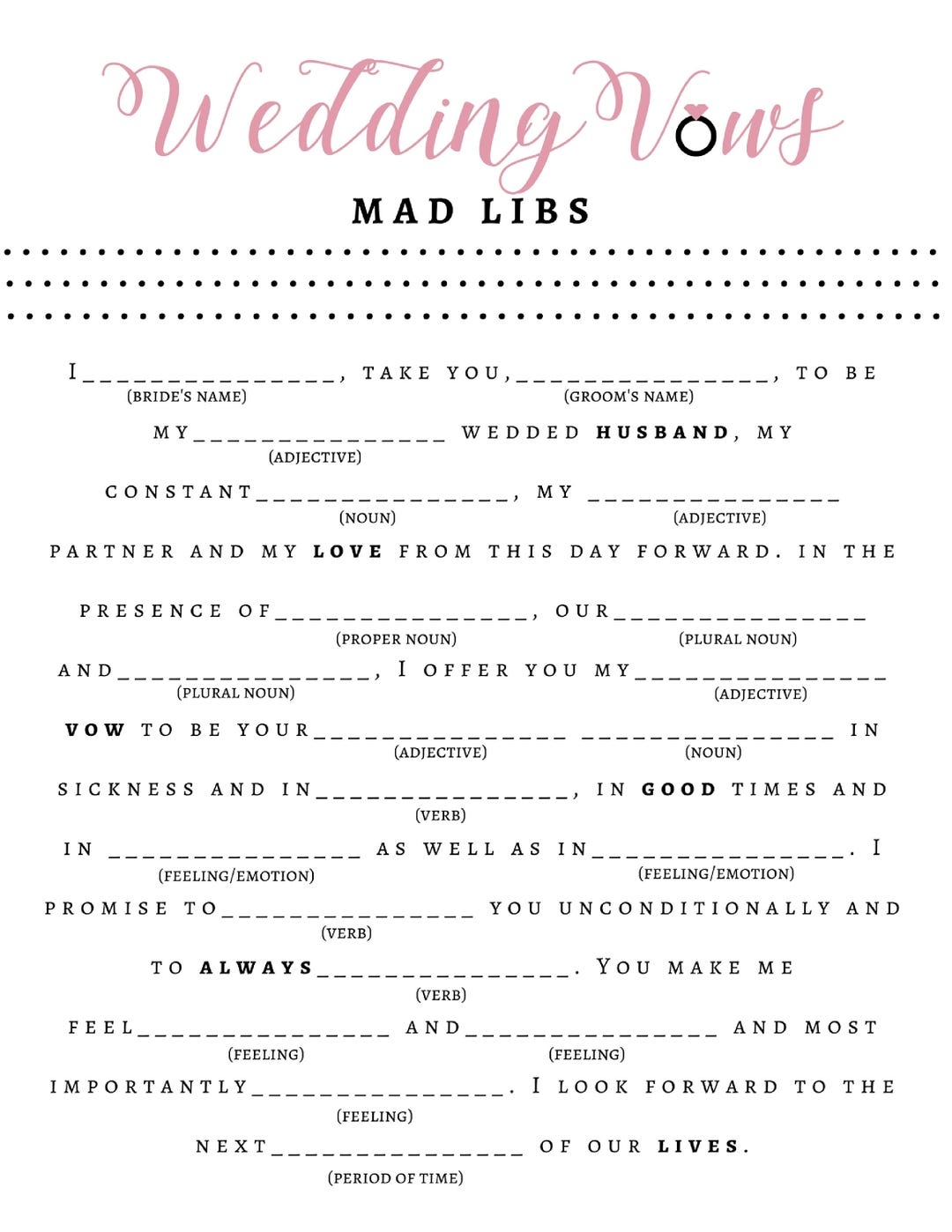 Bridal Shower Game Wedding Vow Mad Libs Bride Groom Etsy