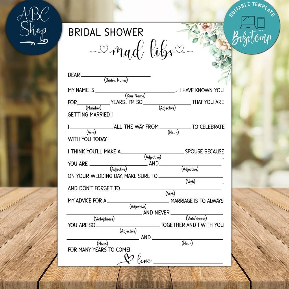 Bridal Shower Mad Libs Bridal Shower Game Digital Files Bobotemp