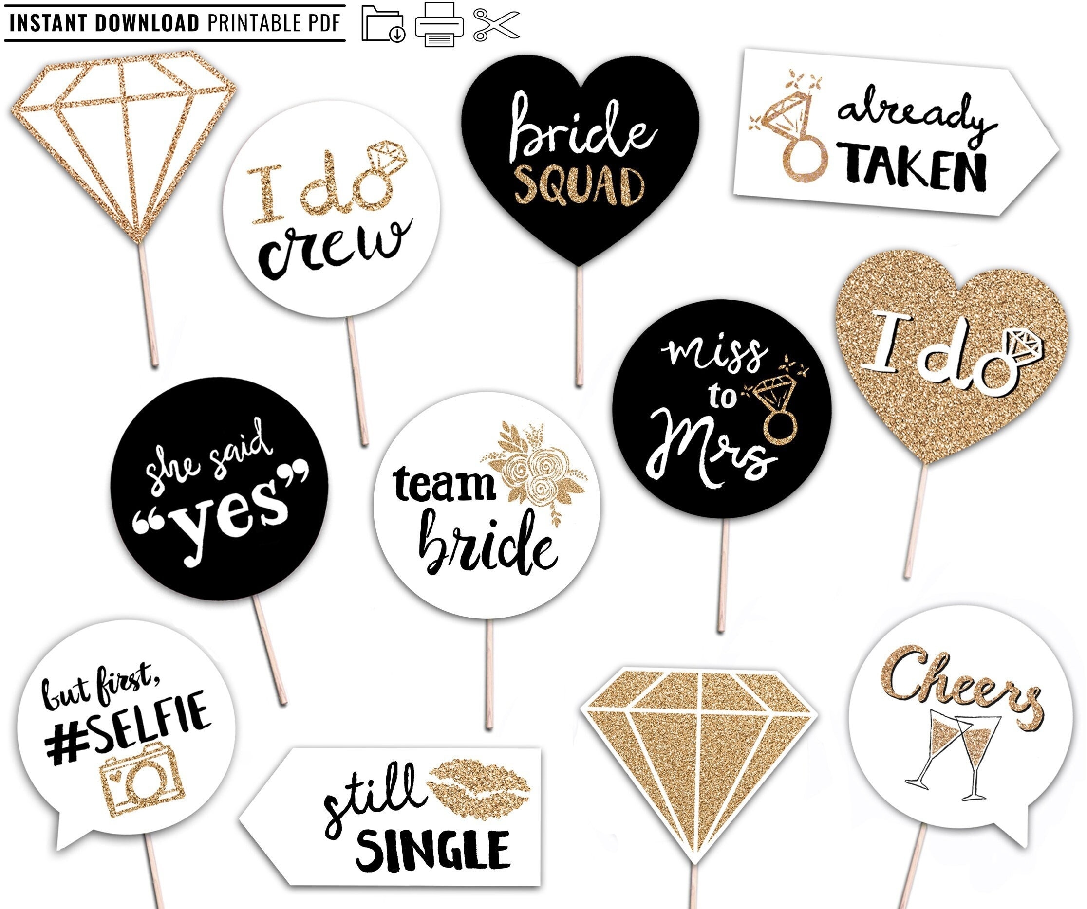 Bridal Shower Printable Photo Booth Props INSTANT DOWNLOAD Gold Black And White 12 Bachelorette Party Signs Hen Party