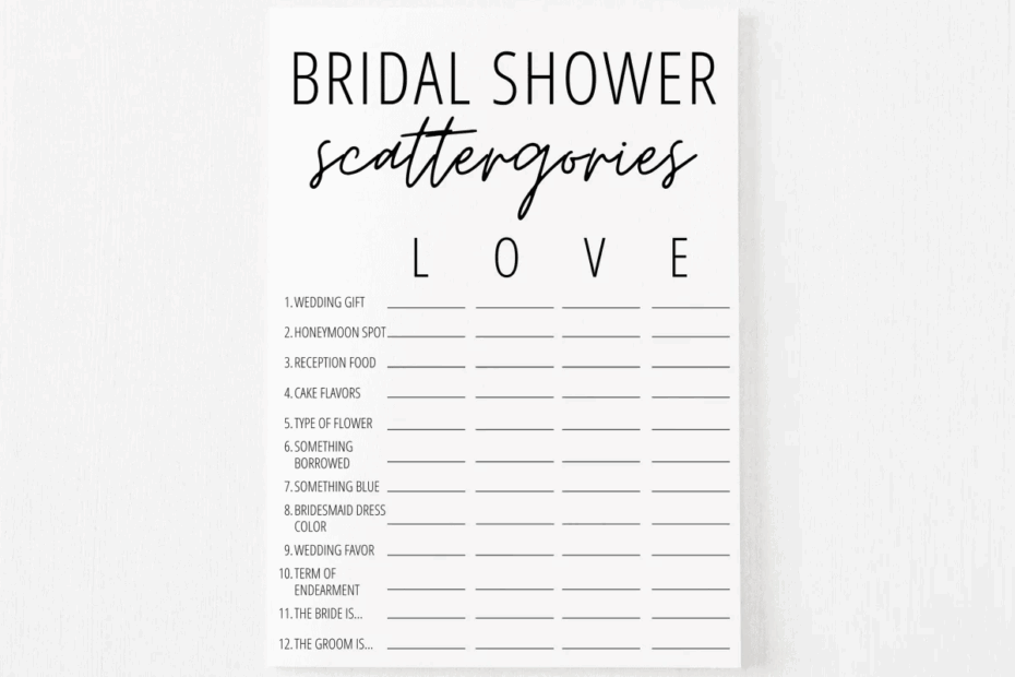 Bridal Shower Scattergories Free Printable Modern MOH