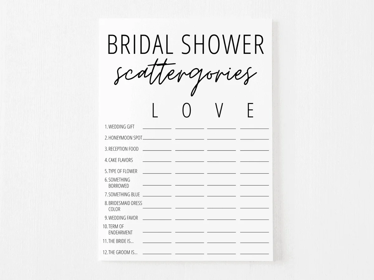 Bridal Shower Scattergories Free Printable Modern MOH
