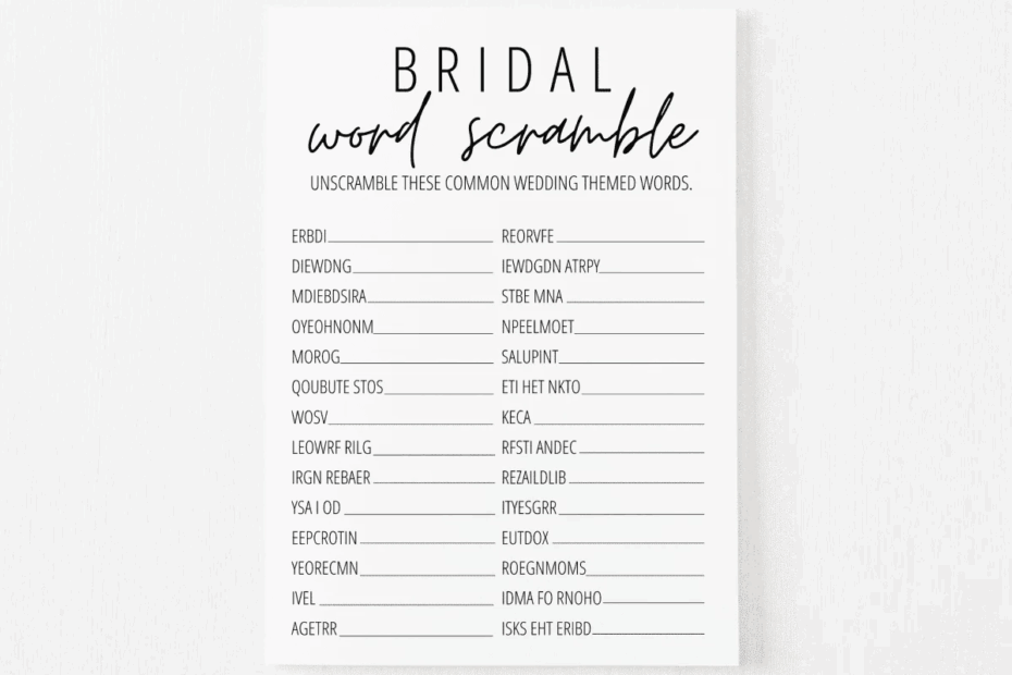 Bridal Shower Word Scramble Free Printable Modern MOH